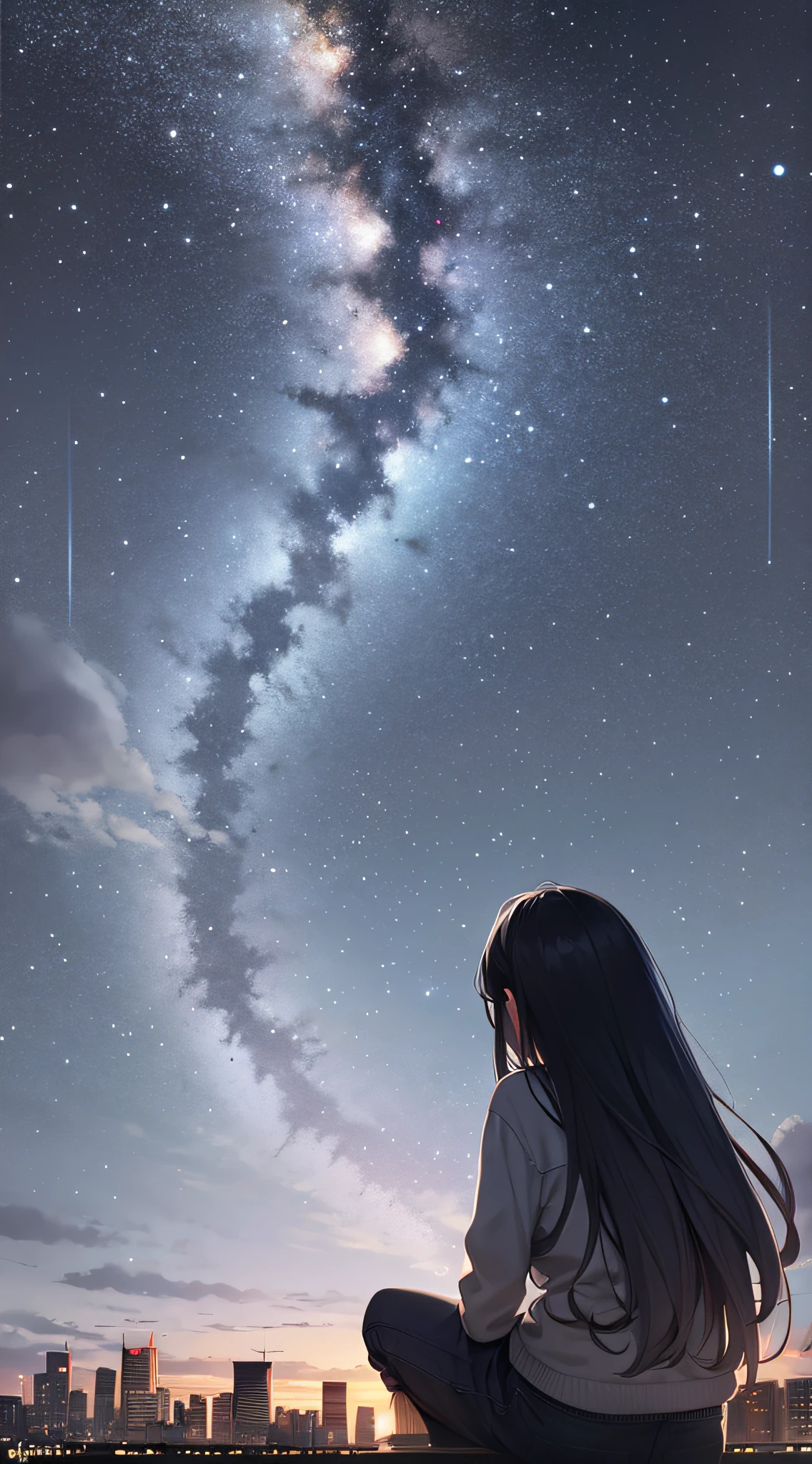 sky, star, landscape, starry sky, night, girl, night sky, solo, outdoor, signature, building, clouds, milky way, sitting, tree, long hair, city, silhouette, cityscape