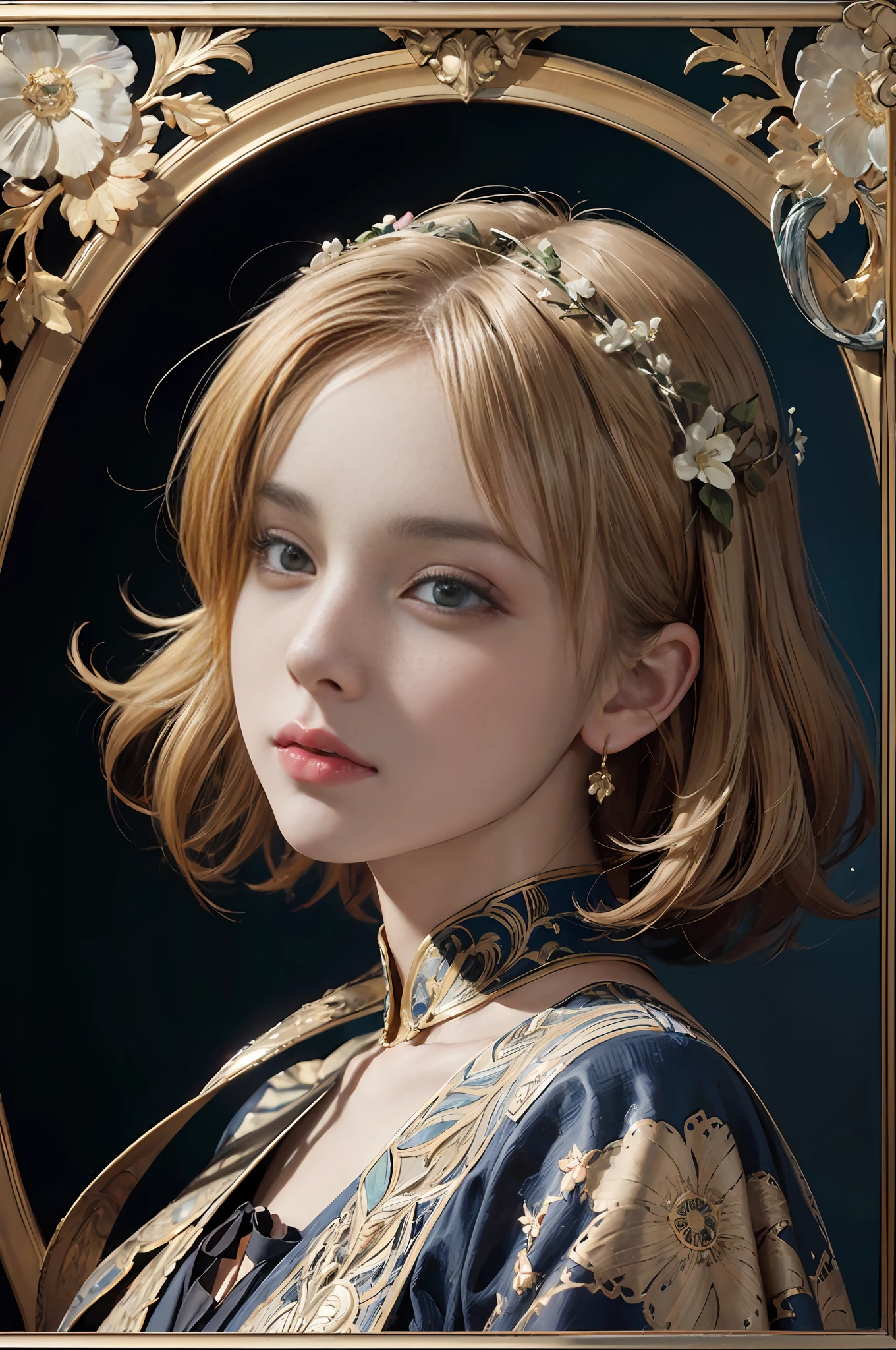 Facial portrait of a European woman, long curls, blonde, floral frame, decorative panels, abstract art, Alphonse Mucha (masterpiece, best quality, high resolution: 1.4), detailed, intricate details, 4K, color splash, line art, Fibonacci, details beautiful eye