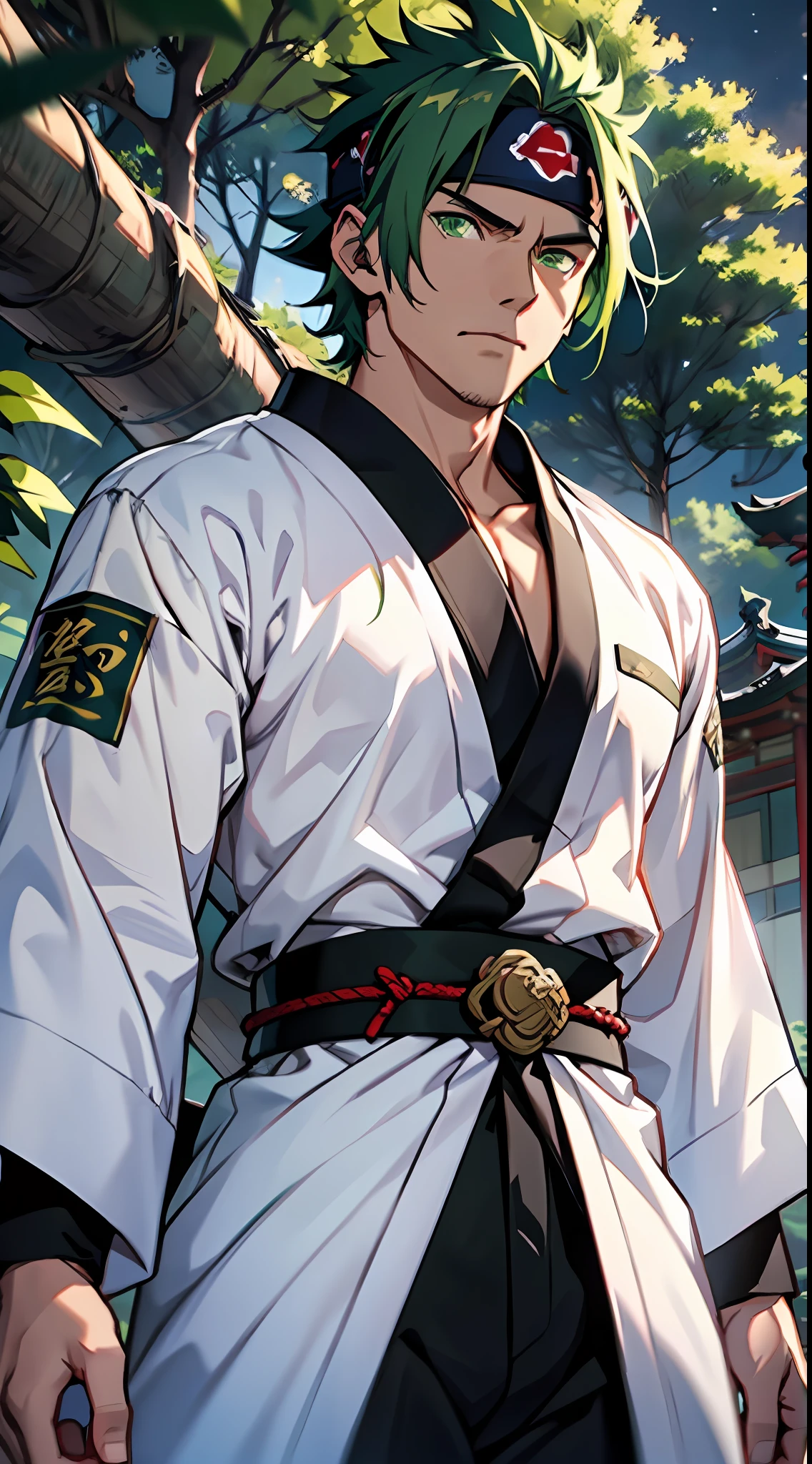 ((from in front)), ((green haori)), ((white undershirt)), belt, ((mature male)), ((short spiked hair)), ((anime screencap)), anime, gyomei, demon slayer style, edo period, tornado, ((wind)), hero, 1man, older, ((dark green hair)), short hair, spiky hair, serious expression, standing tall, ((wearing a black and green uniform)), in the style of demon slayer, green eyes, wind vortex, pagoda background, outdoors, nighttime, moon in the sky, darkness, glowing eyes, full body, best quality, masterpiece, HDR, HD, 8K, 4K, Ultra High Resolution, highres, absurdres, mature male, close up, detailed eyes, detailed face, Hashira, wind, white decorations on kimono, belt, headband, Pagoda city, japanese city, trees