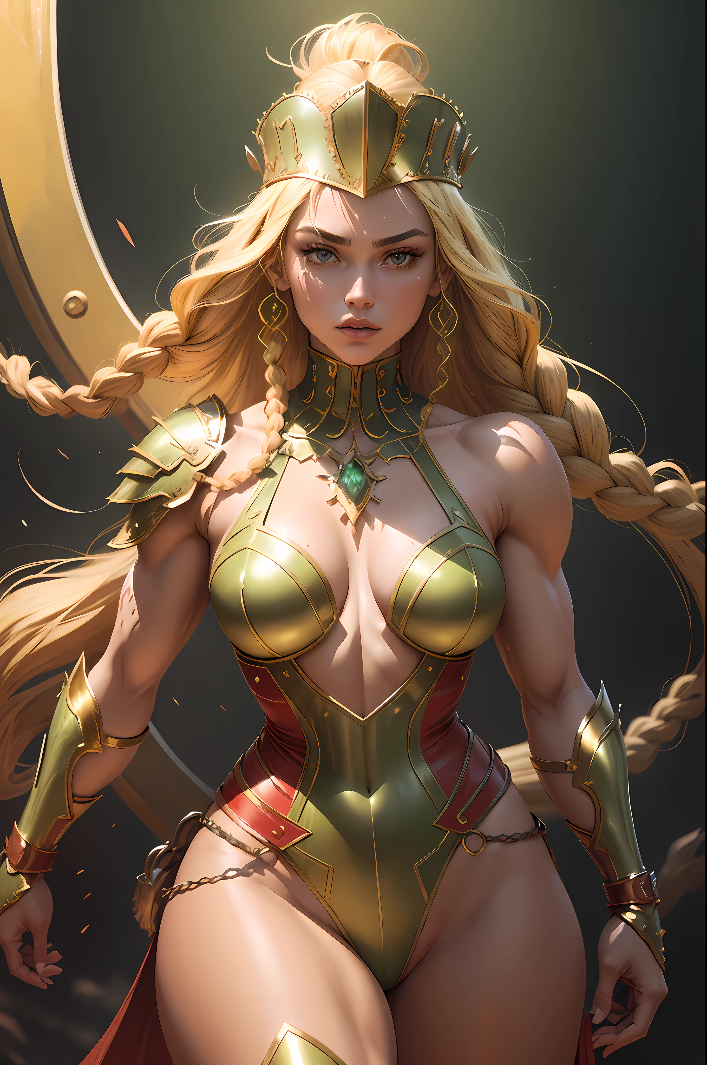 Muscular woman with blonde hair with braids, (medieval punk green neckline armor). Bright chrome gold lingerie with sharp reflections. Gems. Bare shoulders. (Red hat). Muscle definition. Beautiful, shapely legs. Shoulders turned visible. Detailed lighting. Artwork. Extreme beauty. Clothing with intense colored gradient effect. Professional image with high saturation. Professional camera. Illustration. Vibrant colors.