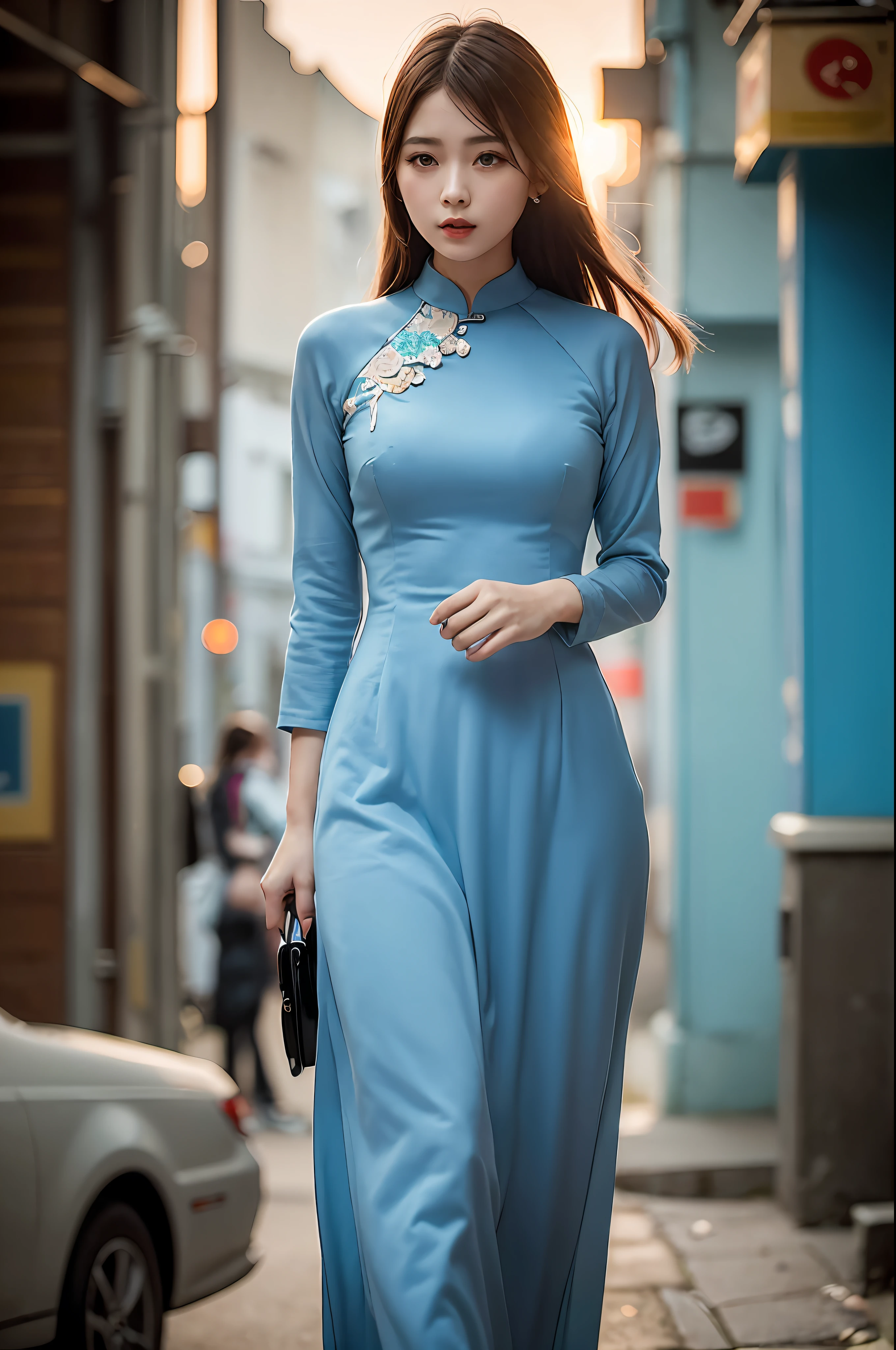 a beautiful girl in vintage colors aodai , masterpiece, best quality, realistic:1.3, street, cyberpunk, sunlight, backlighting, artstation, intricate details, vignette