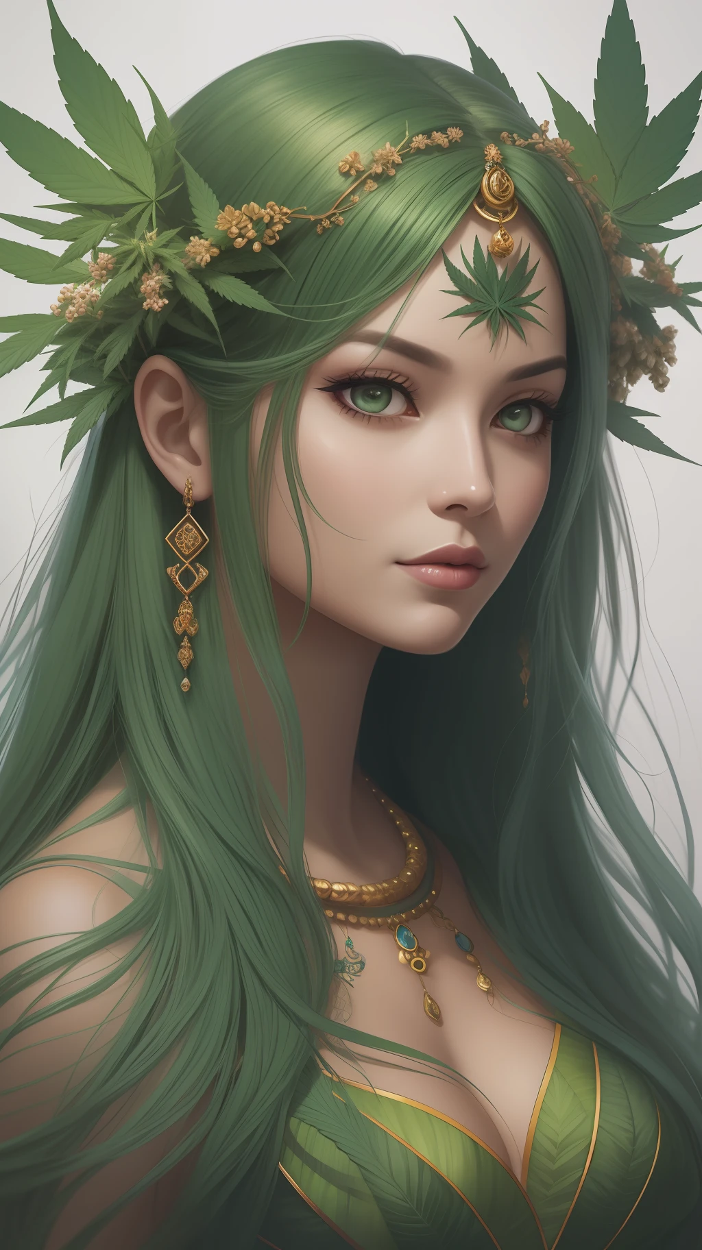 Goddess of Marijuana, Indonesian Goddess, Imdomesiam girl, 1girl, Voluptuous, Curvy, Thick, Busty, Big Breast, Exotics, Sexy, Traditional Indonesian Dress, Indonesian Art Culture, Indonesia Background "Create a photorealistic image of an exquisite masterpiece portrait featuring a stunning cannabis dryad. The dryad should be portrayed as a captivating and ethereal being, blending seamlessly with the beauty of nature. Her features should be delicate and alluring, with eyes that exude a sense of enchantment. The dryad's hair should flow gracefully, adorned with intertwined cannabis leaves and buds. The portrait should capture the intricate details of the dryad's face, emphasizing her unique beauty and the symbiotic relationship between her and the cannabis plant. The background can be minimalistic, with soft shading or negative space, allowing the dryad to take center stage. Render the image as a high-resolution digital illustration, resembling a professional photograph. The lighting should accentuate the subtle nuances of the dryad's features, evoking a sense of realism and depth. Capture the portrait from a close-up perspective, allowing viewers to appreciate the mesmerizing details and the stunning beauty of the cannabis dryad."
Art Styles: Realism, Digital Illustration, Portrait
Art Inspirations: Art Station, Behance Close-up High-resolution digital illustration, realistic lighting, detailed facial features