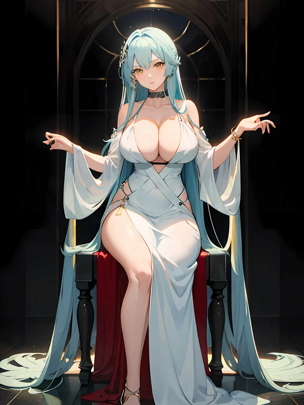 Anime, female, light blue hairs, yellow eyes, long hair, massive boobs, long dress, thigh, bare shoulder, collarbone, sitting, looking at viewer, in building