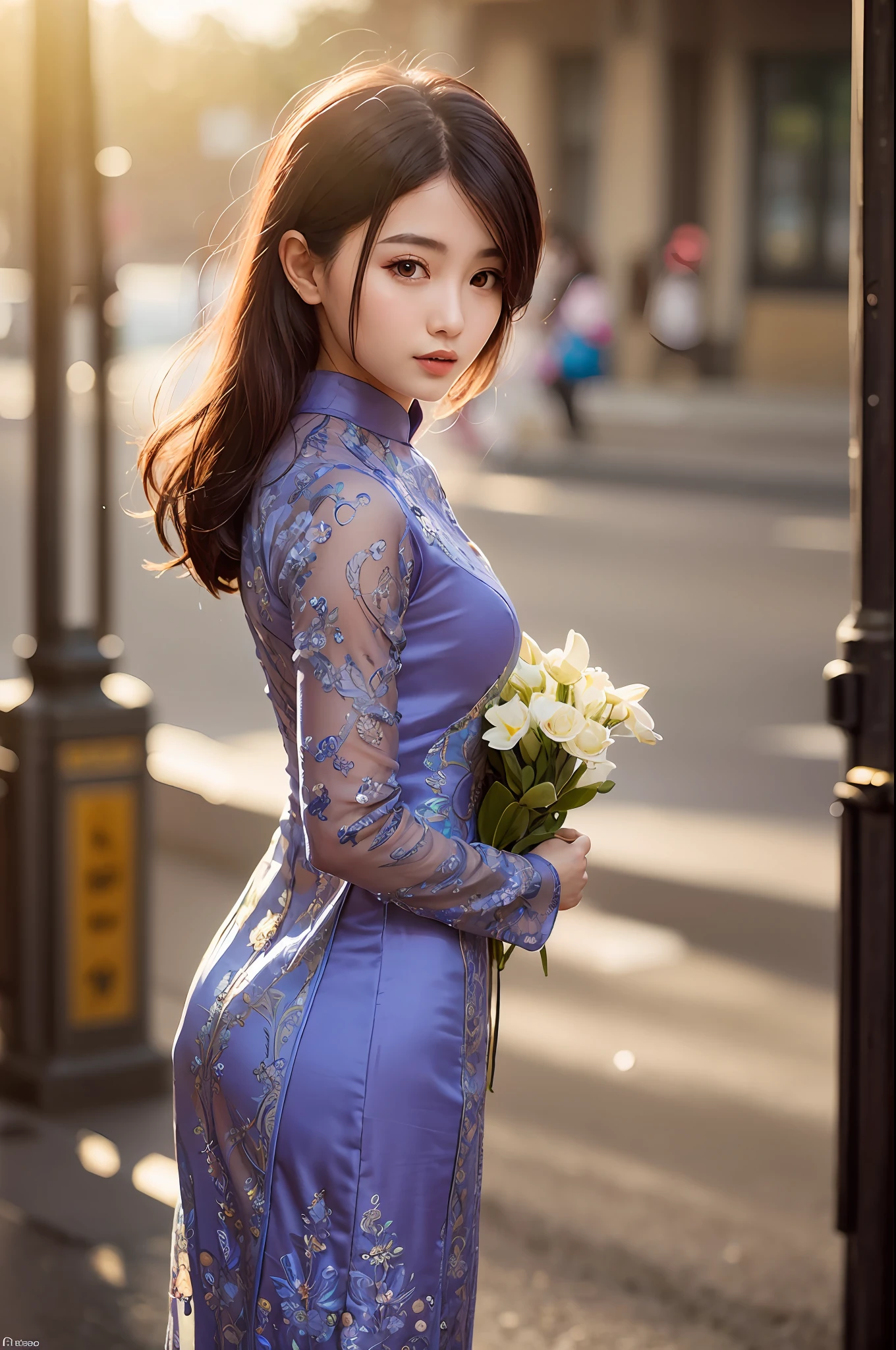 a beautiful girl in vintage colors aodai , masterpiece, best quality, realistic:1.3, street, cyberpunk, holding bundle of adubon flowers, sunlight, backlighting, ((((hdr)))), intricate scene, artstation, intricate details, vignette