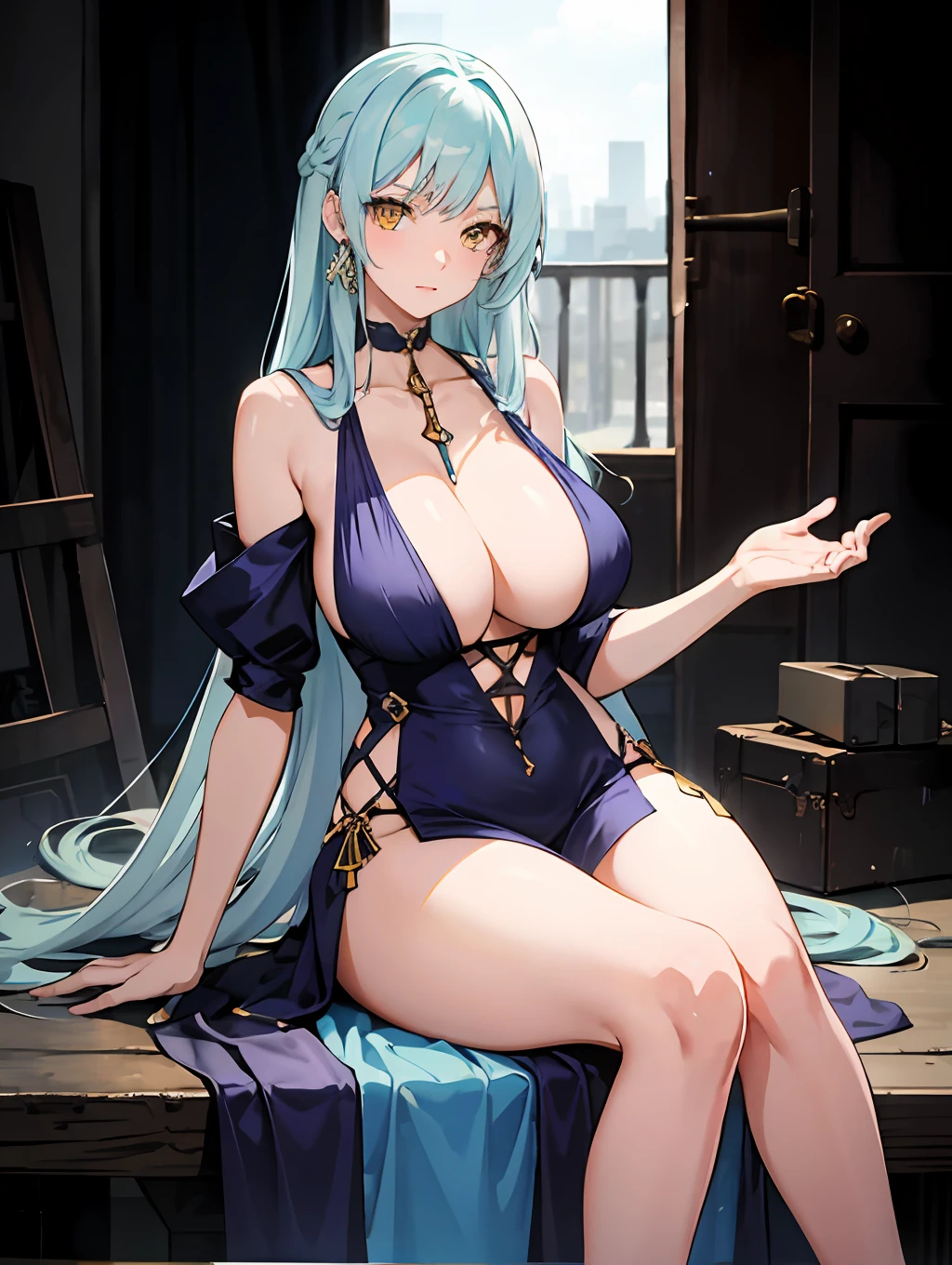 Anime, female, light blue hairs, yellow eyes, long hair, massive , long dress, thigh, bare shoulder, collarbone, sitting, looking at viewer, in building