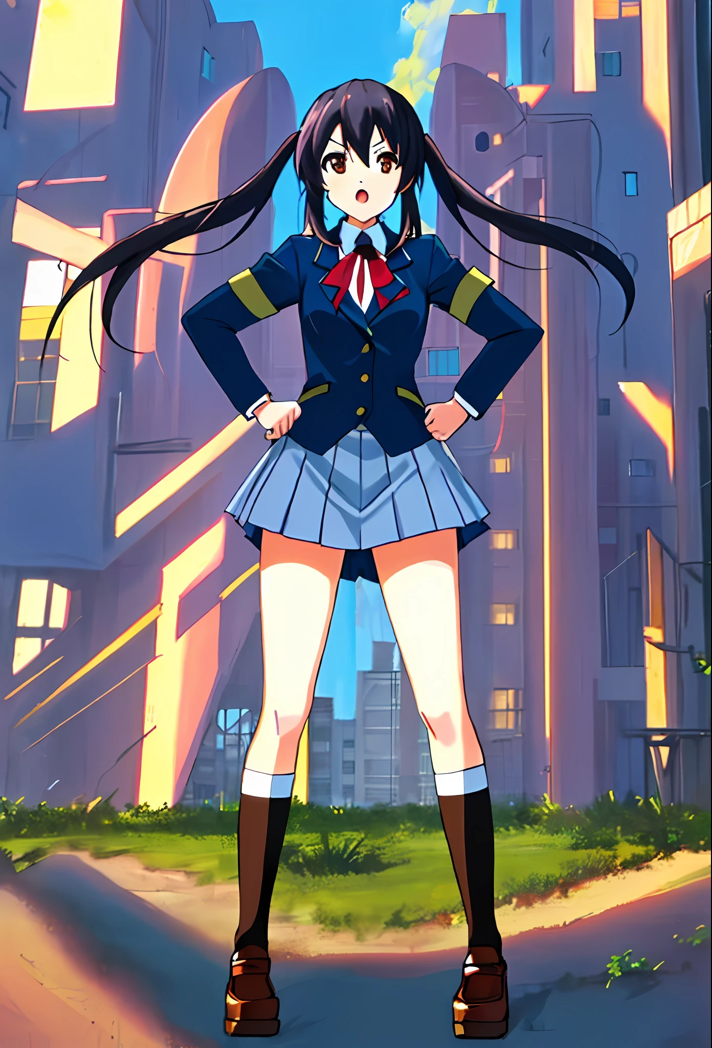 1girl, ((((Masterpiece))), Best Quality, Best Quality, High Detail, Azusa Nakano, 1girl, Sakuragaoka High School Uniform, Musical Instrument, School Uniform, Twin Tails, Long Hair, Black Hair, Brown Eyes, Solo, Red, Dark blue blazer with a thin ribbon of red, Solid white button shirt under blazer, Illustration, Cartoon, Soothing tones, Muted colors, Soft cinematic light, Adobe Lightroom, Photo Lab, HDR, complex and highly detailed, (((depth of field))))). (((Masterpiece))). (((highest quality))).) ((super detail))). (((Illustration))). (((Outside))). (((Put your hands on your hips))).,((((Gigantic))).dynamic focus.small breasts. (((skyscrapers))). (((Cityscape))). (((Despair Face))). open mouth. (((Sunset))). (((Sunset))). (((clench fists))). (((Proud))). (((small breasts))).
