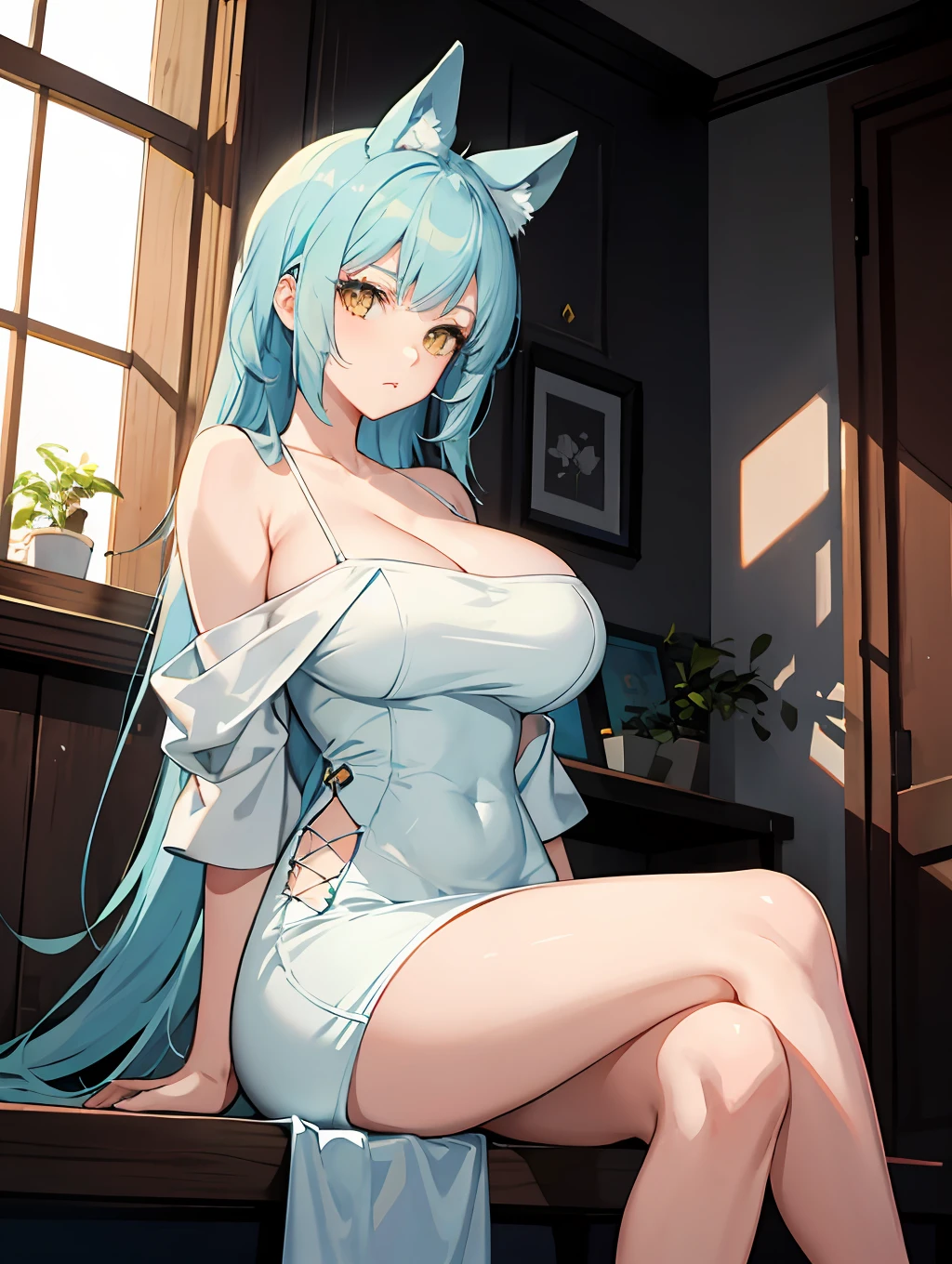 Anime, female, light blue hairs, yellow eyes, long hair, massive boobs, short dress, thigh, bare shoulder, collarbone, sitting, looking at viewer, in building,