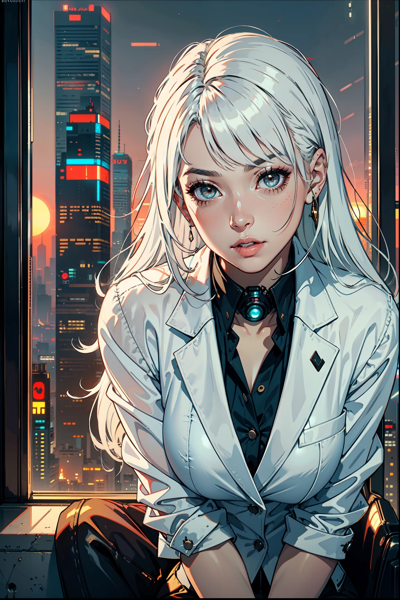 (masterpiece:1.3), (8k, photorealistic, RAW photo, best quality: 1.4), (1girl), beautiful face, (realistic face), Nice hairstyle,Realistic Eyes,Nice detail eyes,(Realistic Skin),Beautiful Skin,Ridiculous,attractive,Ultra high Resolution,an ultra realistic,RAWExtremely detailed,golden proportions, Woman wearing business outfit, formal blazer, white blouse, high waist business skirt, beautiful, masterpiece, best quality, perfect lighting, (white hair:1.4), long hair, (grey eyes:1.2), slender build, thin, medium breasts, business woman, ceo, sitting in luxurious black office chair, giant modern window with view of dusk cyberpunk city skyline in background, close up, dusk, (cyberpunk city background:1.3), (Hazy sky:1.2), (Dim red sun:1.3), eyelashes, dark eyeliner, cyberpunk, older