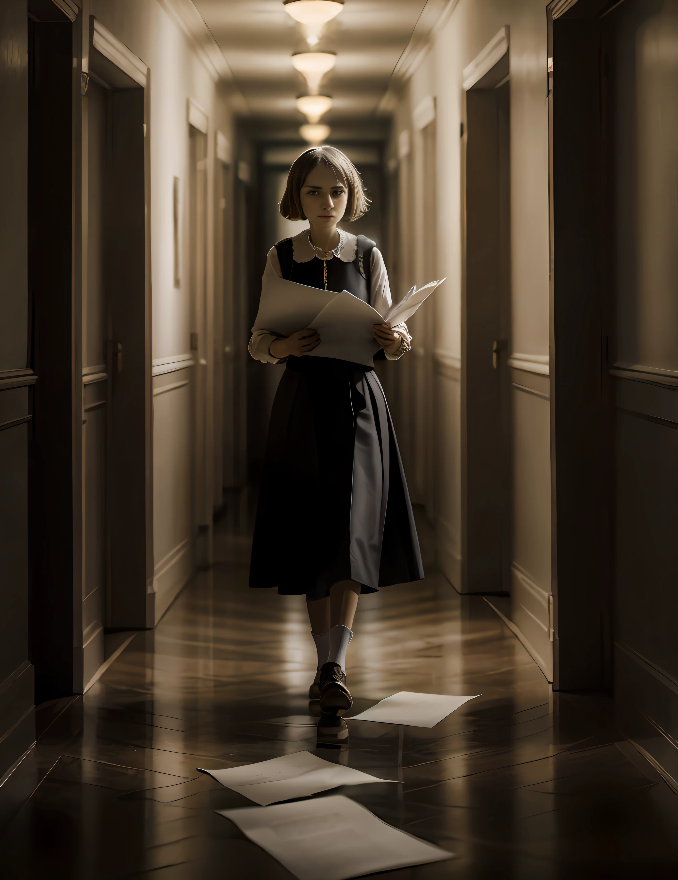 Anne Frank with sheets of white paper in hand, in a dark corridor, walking, World War II era