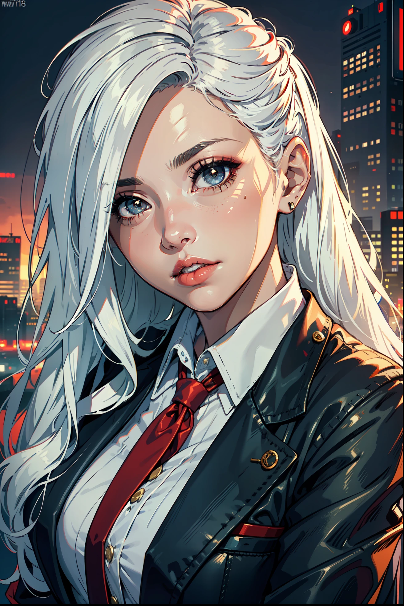 (masterpiece:1.3), (8k, photorealistic, RAW photo, best quality: 1.4), (1girl), beautiful face, (realistic face), Nice hairstyle,Realistic Eyes,Nice detail eyes,(Realistic Skin),Beautiful Skin,Ridiculous,attractive,Ultra high Resolution,an ultra realistic,RAWExtremely detailed,golden proportions, Woman wearing business outfit, formal blazer, white blouse, high waist business skirt, beautiful, masterpiece, best quality, perfect lighting, (white hair:1.4), long hair, (grey eyes:1.2), slender build, thin, medium breasts, business woman, ceo, sitting in luxurious black office chair, giant modern window with view of dusk cyberpunk city skyline in background, close up, dusk, (cyberpunk city background:1.3), (Hazy sky:1.2), (Dim red sun:1.3), eyelashes, dark eyeliner, cyberpunk, older