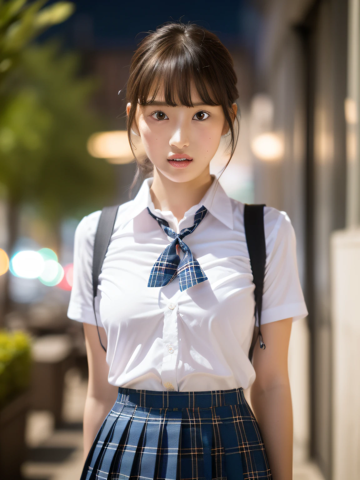 , (((Top Quality, 16k, Masterpiece: 1.3)), Ultra-Realistic, Masterpiece, Sharp Focus, Super Detail, Absurdity, High Resolution, Dynamic Lighting, 50mm Portrait, City, Night, Cute, Glossy Skin, Delicate Face, Surprised Look, White Shirt, Blue Ribbon, Shortcut Hair, Dark Blue Pleated Skirt with Tartan Plaid Pattern, ( ((skirt flips: 1.5)))), ((The lower body shows white underwear: 1.4)))), angle from diagonally down, baby face, t top,