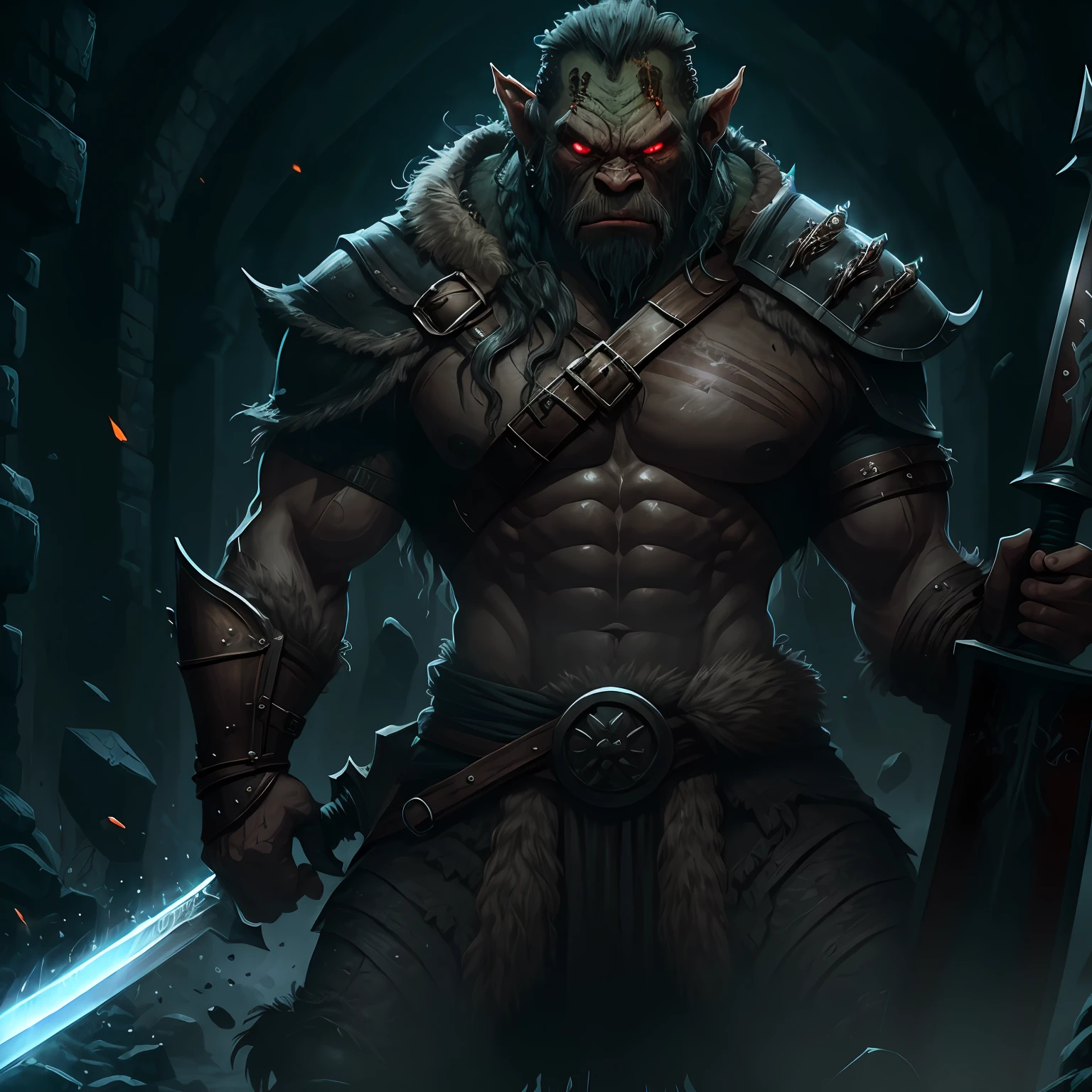The orc is bald and has spiky shoulderpads