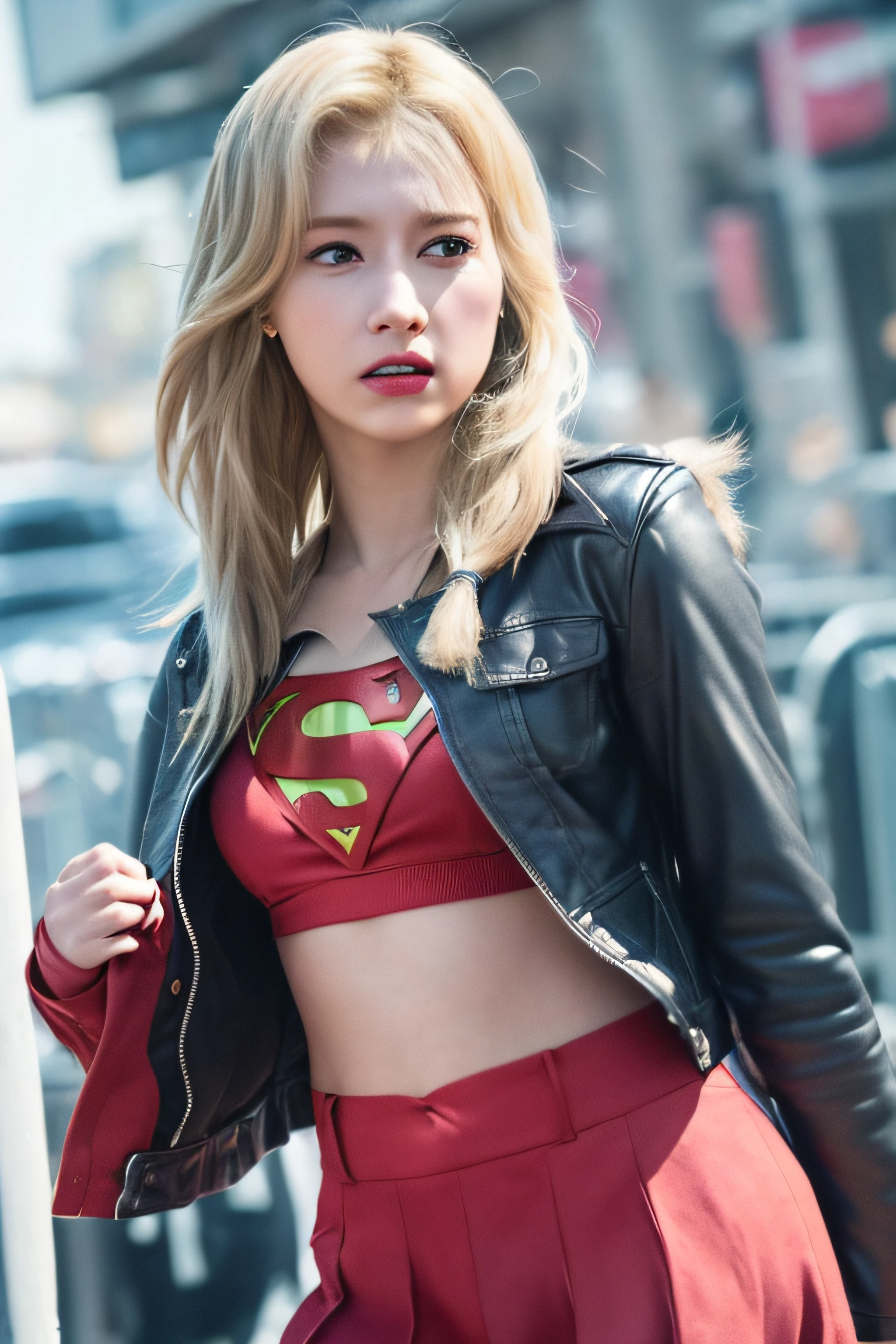 twicesana,photo of a 20 years old girl, best quality, real image, intricate detail, ultra detail, ultra resolution, depth field, (realistic, realistic: 1.2), masterpiece, photo 1girl, supergirl, injured, superhero, realistic,supergirl suit, torn clothes, red skirt, (dirty, bruised, blood: 1.3), brown eyes, blonde, long hair, serious, angry, solo, (exposed torn clothes, torn clothes: 1.3), ruined city background, best quality, realistic, realistic, (complex details: 1.2), (fine details), (movie light), clear lines, sharp focus, realistic face, detailed beautiful face, full body shot, flying in the air