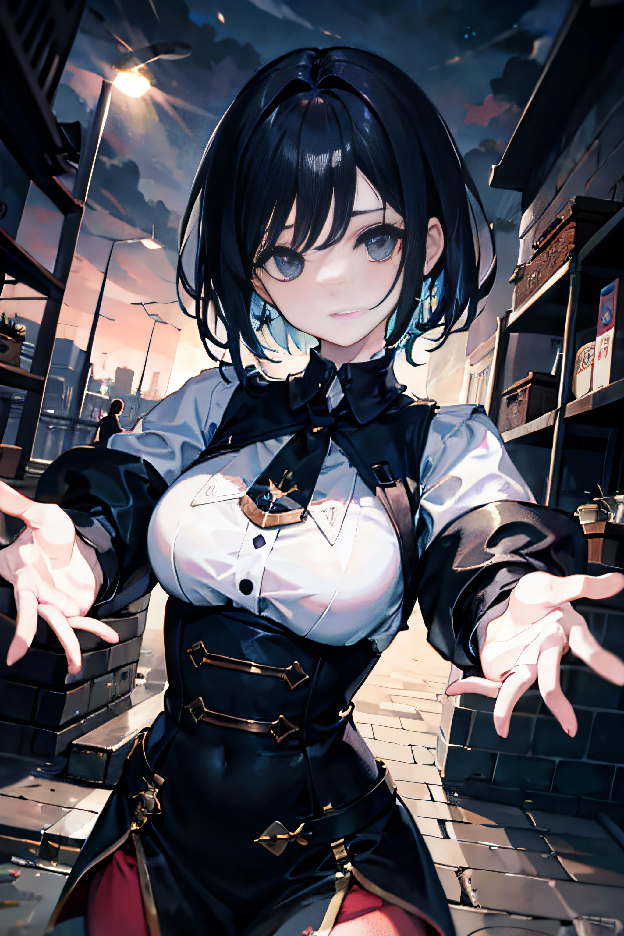 Baticano Inquisitor, style of a S.C.P. agent, has a stan with the letters SCP on her clothes, masterpiece, best quality, highres, watercolor painting theme, (looking at the viewer: 1.1) creative hair, city streets, eye of with the hands of the clock, sad lighting, blush, waist shot, albino skin, detailed details of the face, dynamic pose, wallpaper, edge lights, by Studio Ghibli, erotic