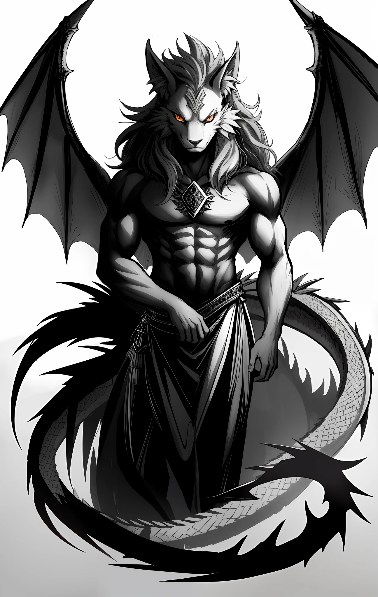 Chimera man with hair that resembles a mane, with three eyes on the left side of the face, dragon wings and with fox tail, evil, young look