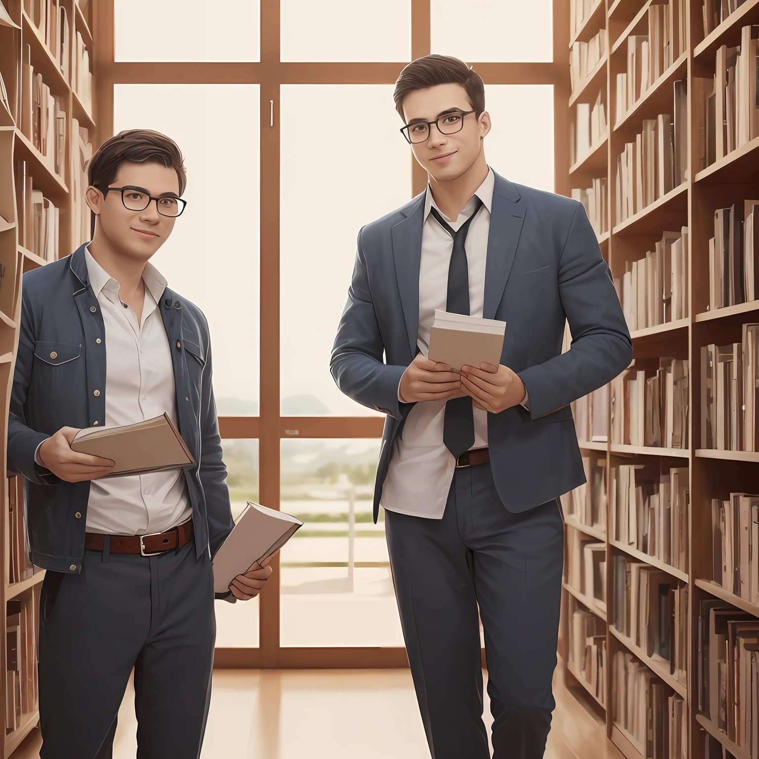 Best quality, masterpiece, ultra-high resolution, (realistic: 1.4), original photo, two Chinese brothers standing back to back in the vast sea of books, they wear neat shirts and trousers, showing a sunny, cheerful atmosphere. Both wear glasses and exude a temperament of steadiness and knowledge. Each holds a book in his hand, and the halo on his head shines, symbolizing their pursuit and wisdom in the field of education. Their faces are well-defined and their facial features are well-defined. The eyes are shining, revealing a thirst for knowledge and expectations for the future. The bridge of the nose is straight, and the corners of the mouth are raised, showing an optimistic, confident attitude. They smile and encourage each other to explore and grow in the world of knowledge. The waves rolling in the sea of books reflect the figures of the two brothers walking together. In the background, sunlight pours in through the window, adding warmth and hope to the picture, both wearing trousers and no calves, looking like successful people, cold light --auto