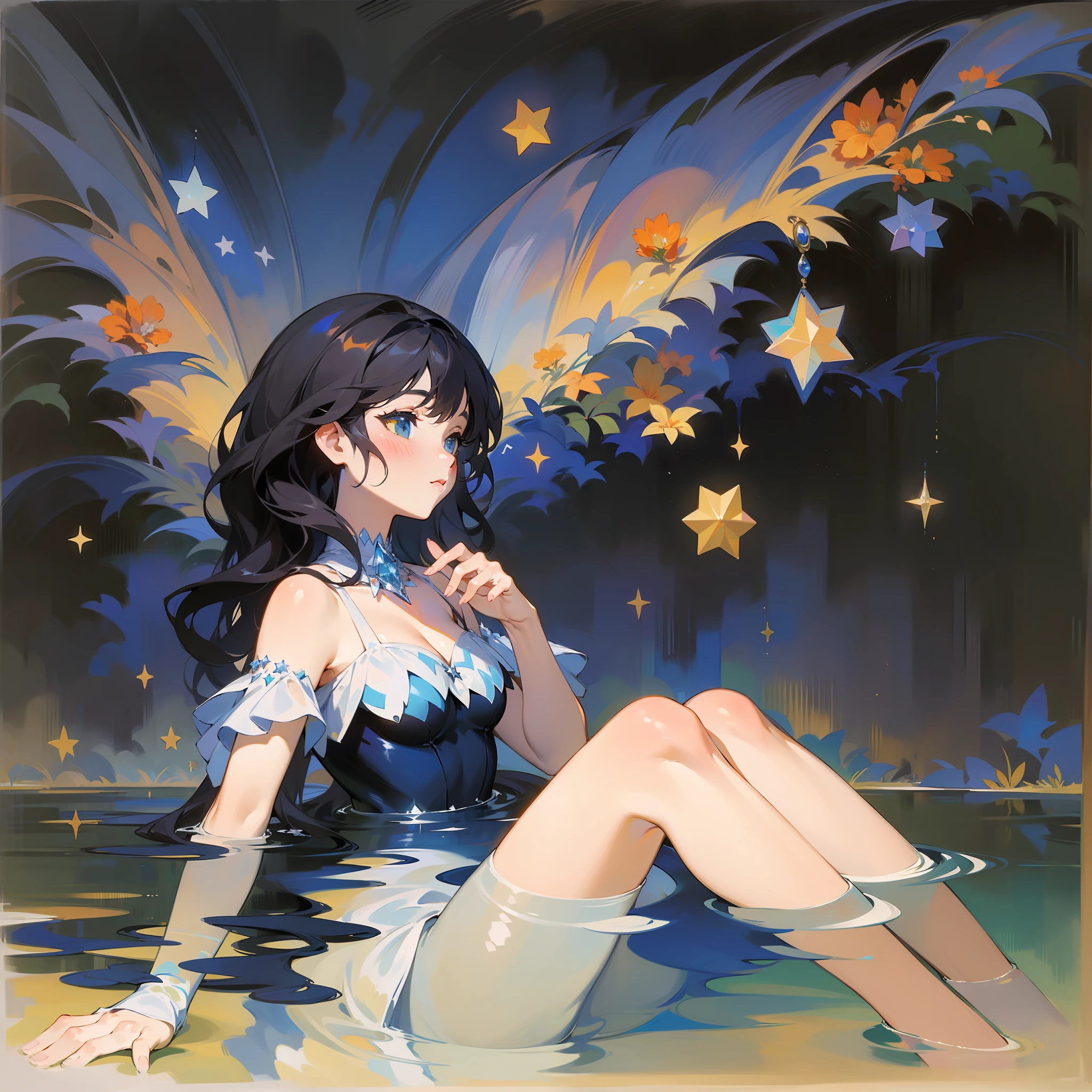 Goddess painted by Claude Monet and Renoir, stars floating on the surface of the water, mysterious beauty, crystal, knee