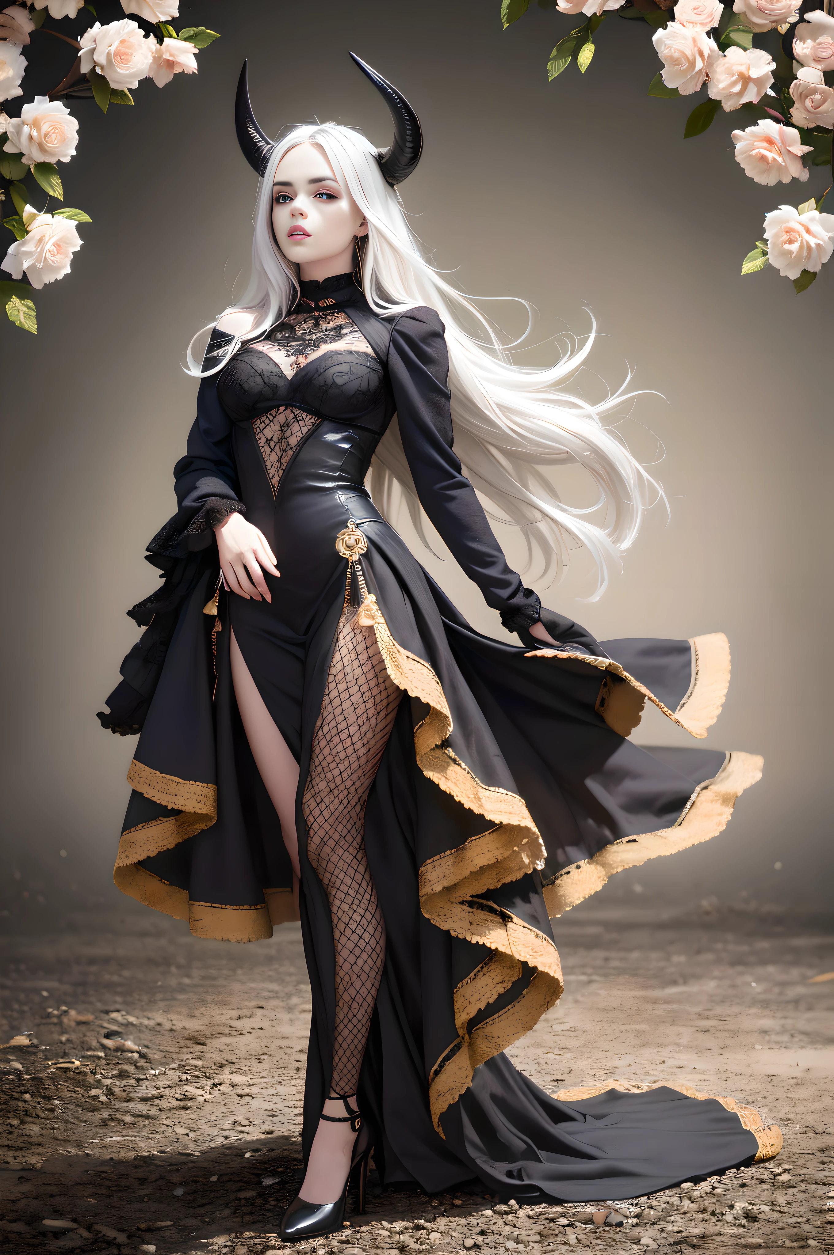 zoom out low angle action pose, full body, masterpiece, (photorealistic:1.4), perfect proportions, best quality, beautiful lighting, billie eilish, 1girl, yellow eyes, fully clothed in medieval warlock clothes and puffed sleeves, eyeshadow, wavy white hair and black horns, looking away, black smoky eyeshadow and bushy eyebrows, high fashion editorial pose with full bloomed floral background, small breasts, solo, RAW photo, 8k uhd, relistic skin texture, vivid colors
