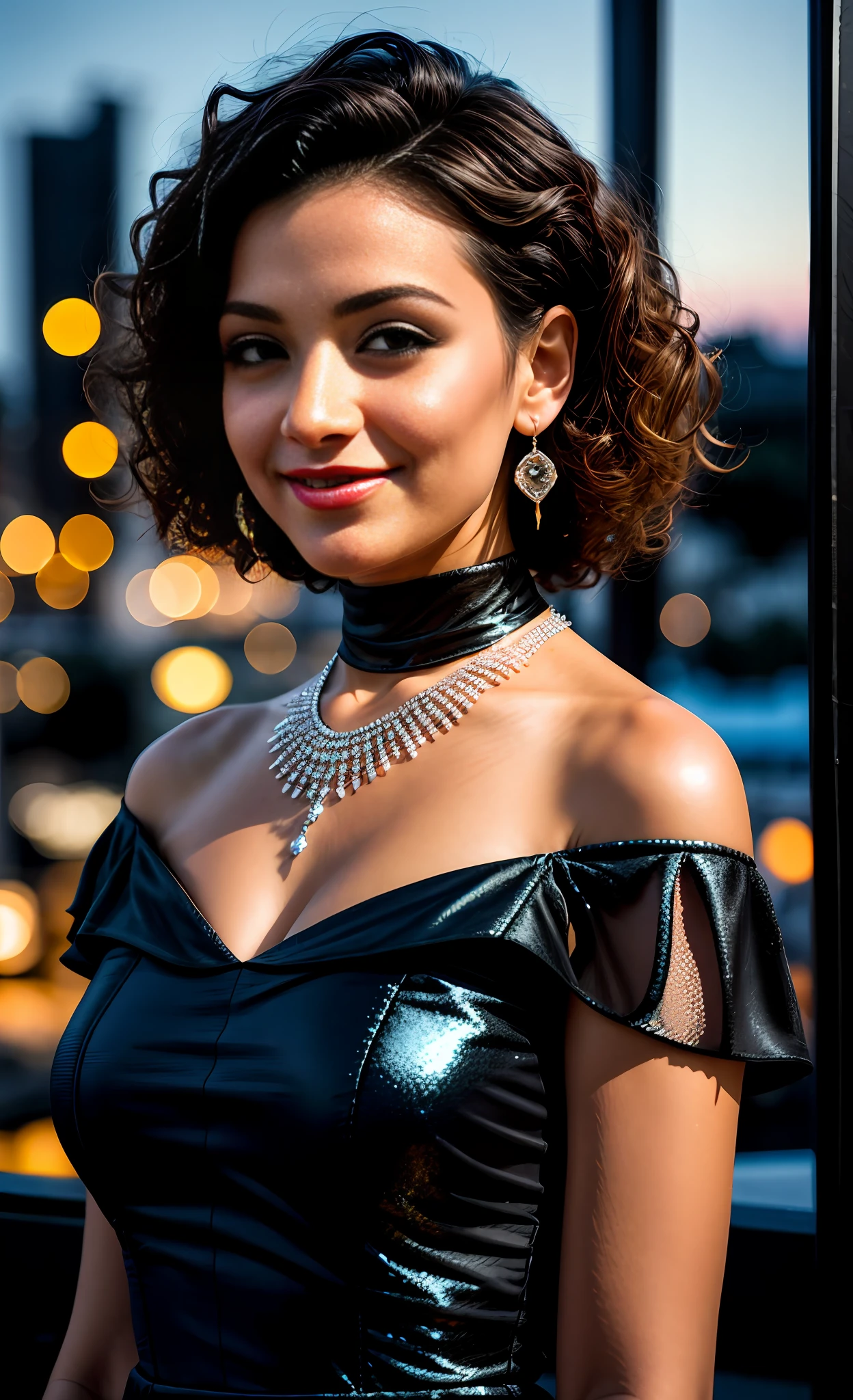 bird view, off shoulder realistic half body closeup portrait model, A young, vibrant, woman,with short curly hair, light teasing smile, dressed in an elegant black dress, a single shiny diamond necklace stand, At an outdoor cocktail party at night, key light reflecting in her eyes, soft blue eyes, edge lighting, perfect composition and lighting, elegant but attractive, soft filter, painted background,