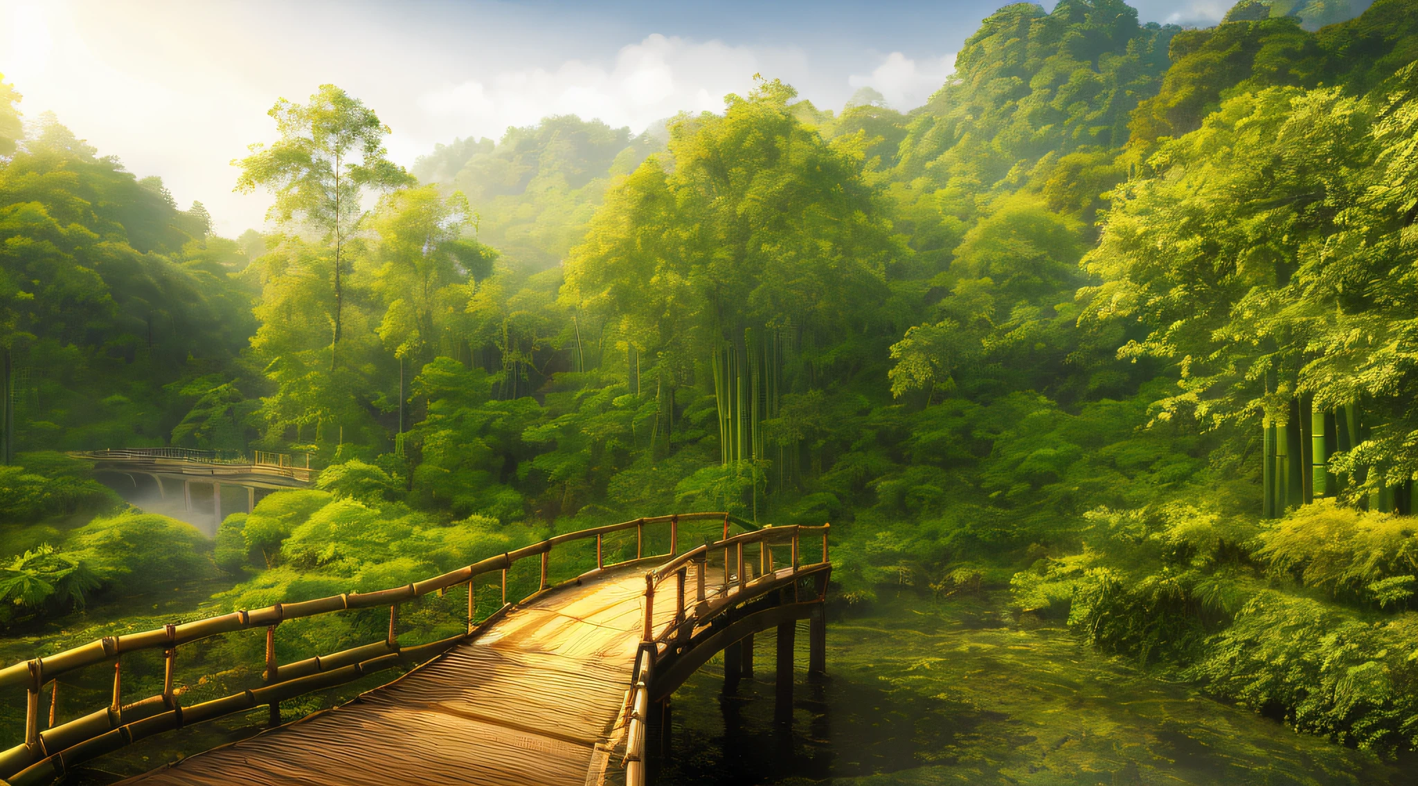 A country full of dreamy mist, a bridge and an antique garden, the bamboo forest on the side, the wet wooden bridge after the rain, looks extra relaxing, deep field, masterpiece, best quality, 3d, Realistic, High Quality Textures