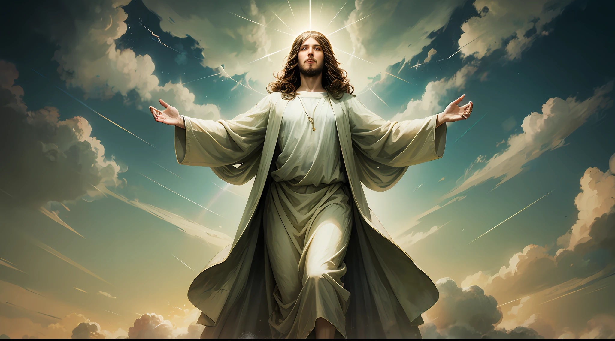 Jesus floating in the air on top of clouds with a light shining brightly on his face --auto --s2