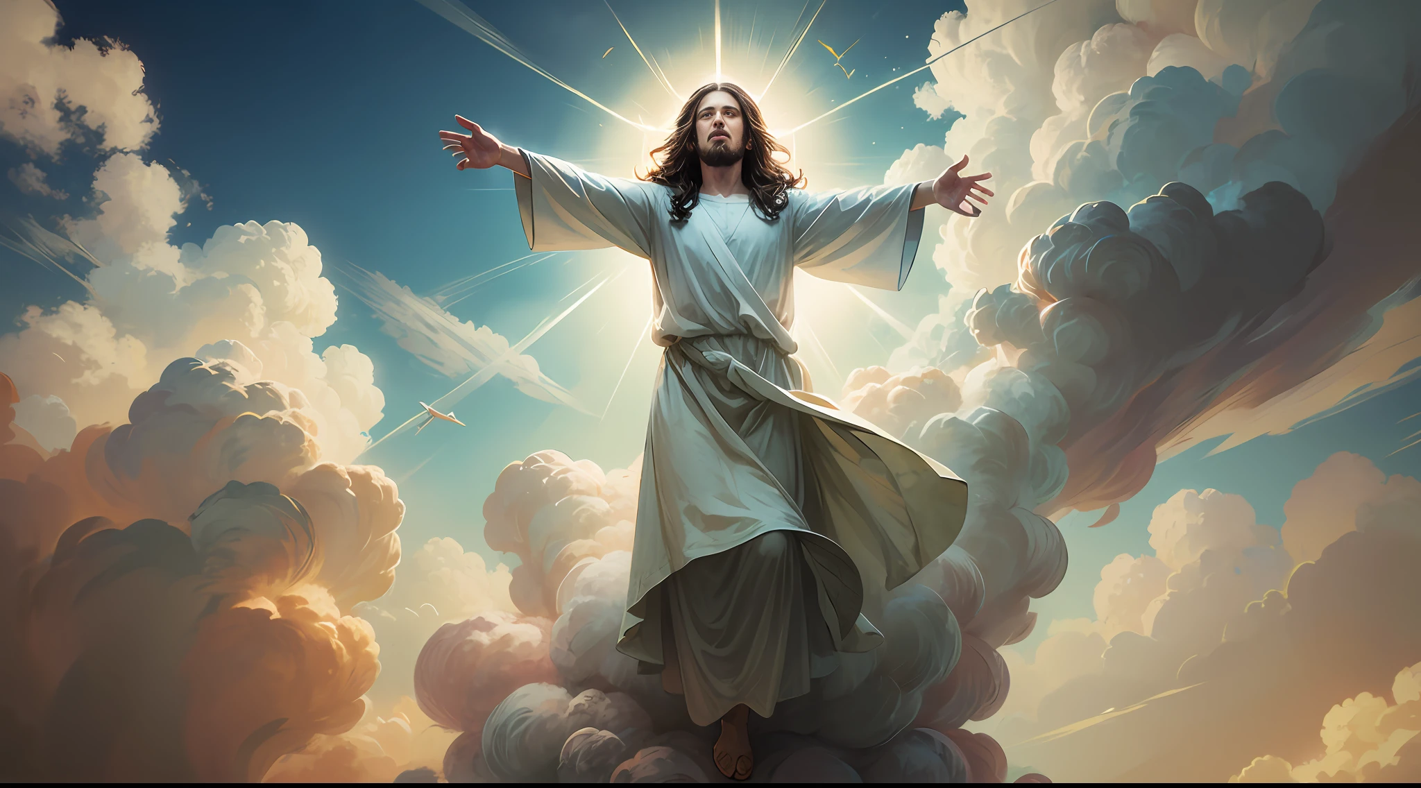 Jesus floating in the air on top of clouds with a light shining brightly on his face --auto --s2