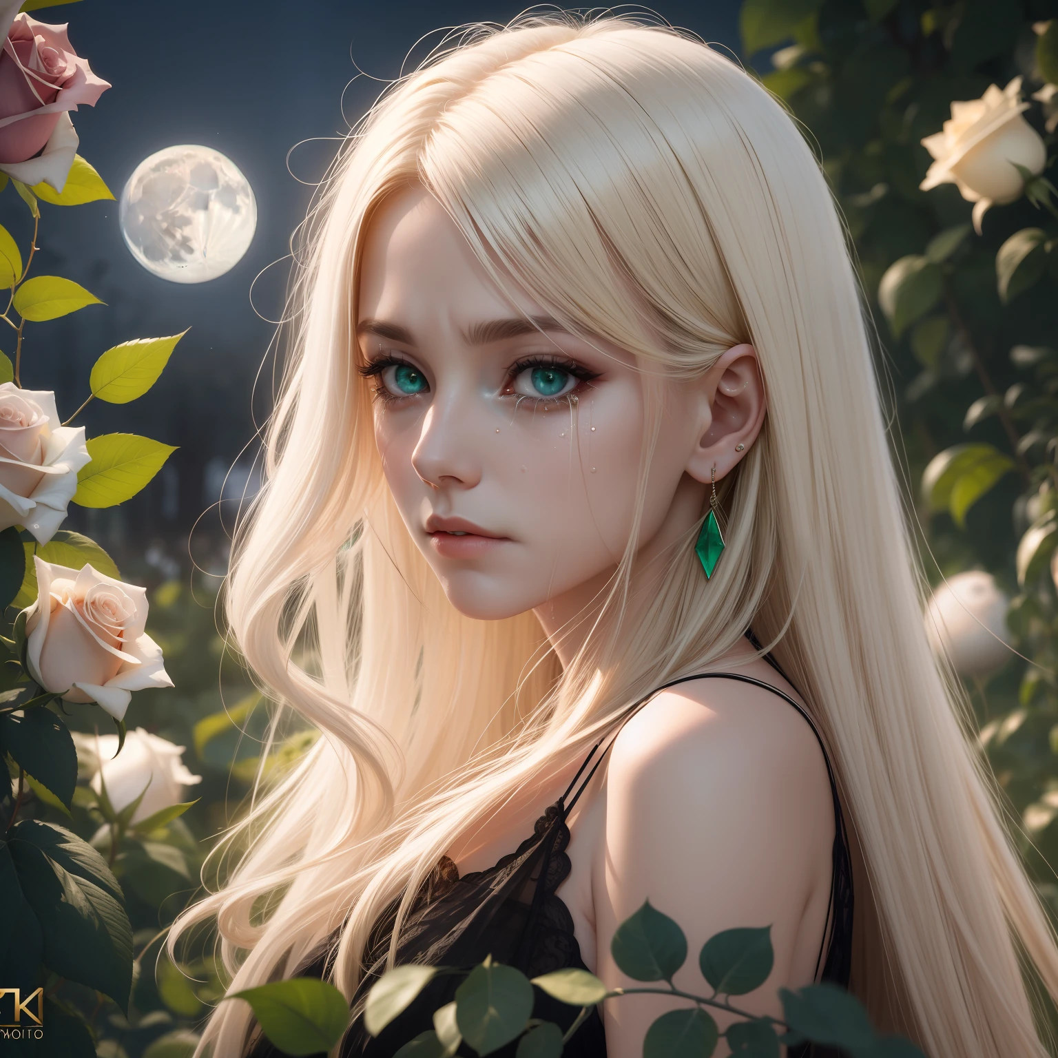 (Masterpiece) 8K resolution, top quality, tearful woman, beautiful person, platinum blonde long hair, emerald eyes, moon darkness, rose garden, model style,