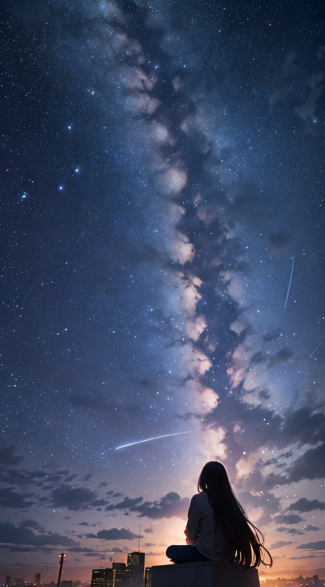 sky, star, landscape, starry sky, night, girl, night sky, solo, outdoor, signature, building, clouds, milky way, sitting, tree, long hair, city, silhouette, cityscape
