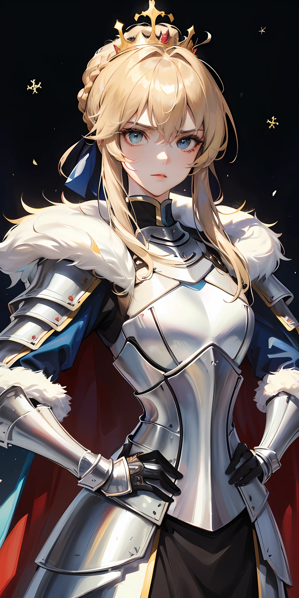 Artoria, Pandoragon, King Arthur, King of Ancient Britain, King of England, Ancient Hero, King of Eternity, (King of Knights), General, Valian, Leader of the Knights of the Round Table, ((Half)), Maiden, Gentle Expression, Serious Personality, Loyal and Upright, Lucky, Dull Hair, Soft Snow-White Skin, Gentle, Demure and Beautiful, ((Medium Breasts)), Short Blonde Hair, ((Coiled Hair)), Turquoise Eyes, Middle Ages, (Full Body Sterling Silver Armor, Sterling Silver Armor Armor), Dark Blue Coat, Blue heavy cape, white fur edge, English style, perfect armor full of texture, crown, associated with lion, captivating visual enjoyment, ((best quality: 1.4)), (epic lighting), ((masterpiece: 1.4)), maximum clarity, (super detailed face), sharp texture, ultra HD detail display, excellent image performance, high-quality illustrations, perfect fit harmonious tones, deep lines, precise brushstrokes, wonderful color scheme, intricate details