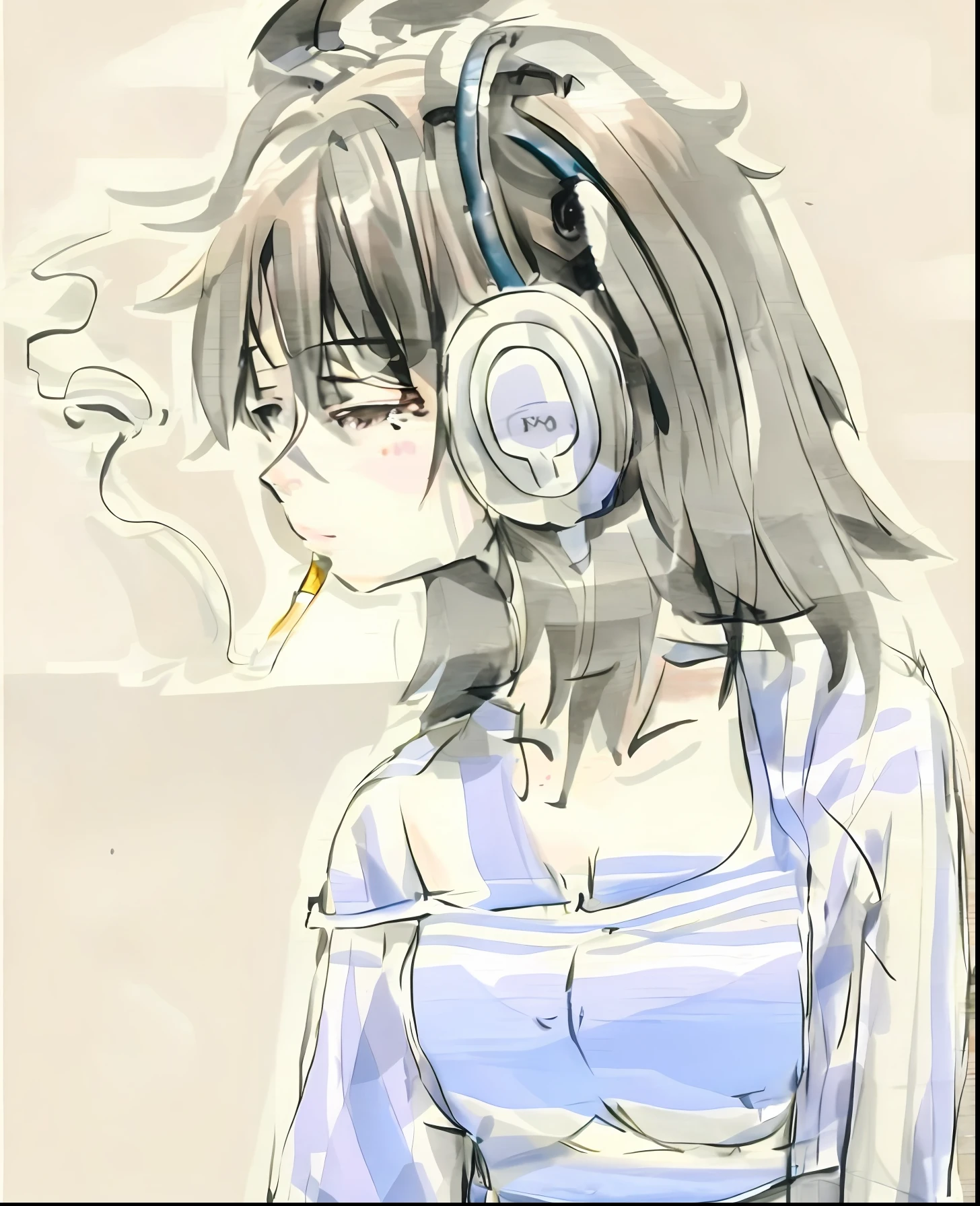 anime girl with headphones smoking a cigarette and wearing a bra, anime vibes, junko enoshima from danganronpa, with headphones, chiaki nanami from danganronpa, akane owari danganronpa, gapmoe yandere, an anime girl, anime styled, listening to music at 2 am, anime moe artstyle, anime lover --auto