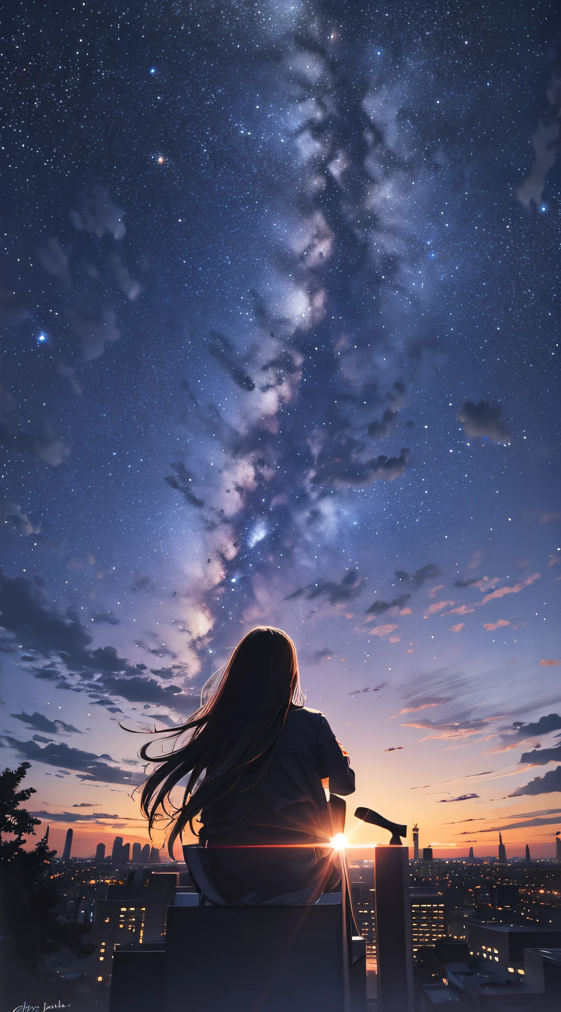 sky, star, landscape, starry sky, night, girl, night sky, solo, outdoor, signature, building, clouds, milky way, sitting, tree, long hair, city, silhouette, cityscape