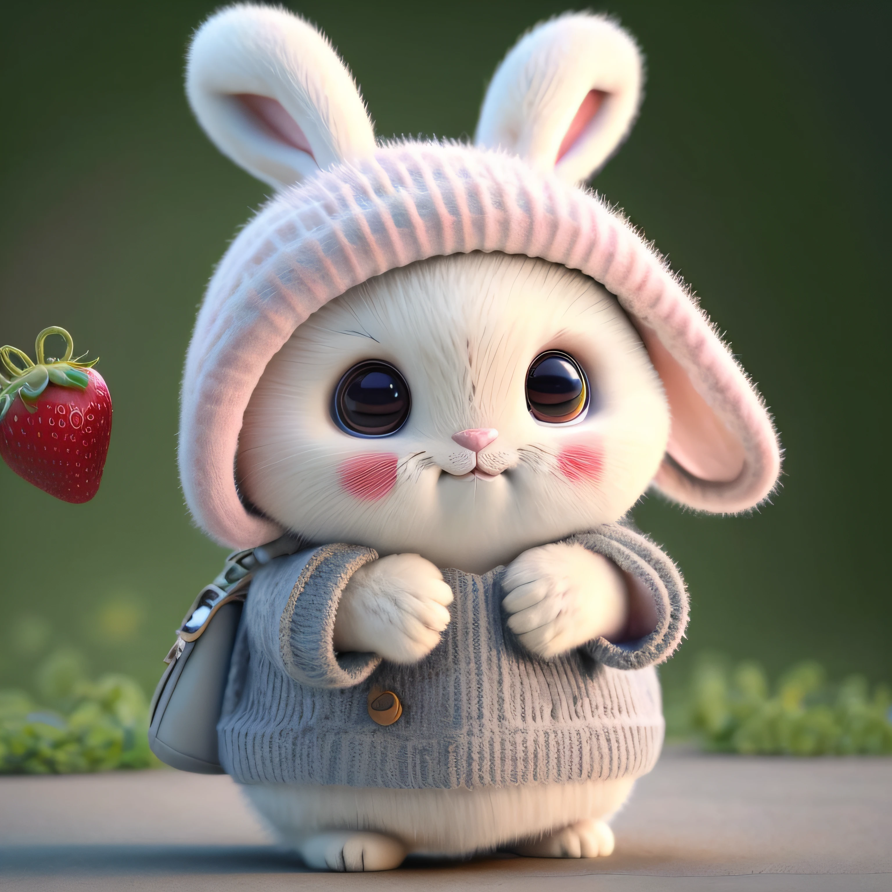 : 3. bunny, realistic, furry animal, apple, black eye, blush, cherry, food, fruit, full body, hat, non-human, strawberry, tomato, watermelon