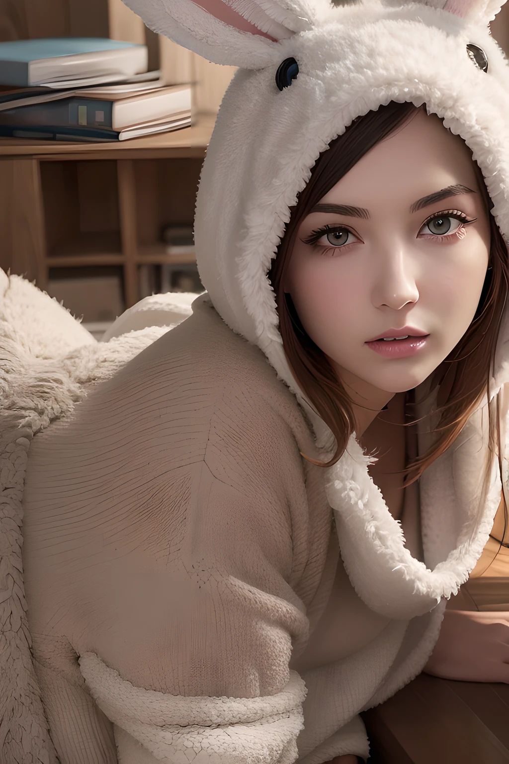 Masterpiece, top quality, realistic, cinematic lighting, beautiful expression, beautiful face modeling, woman in rabbit costume, room with cute miscellaneous goods