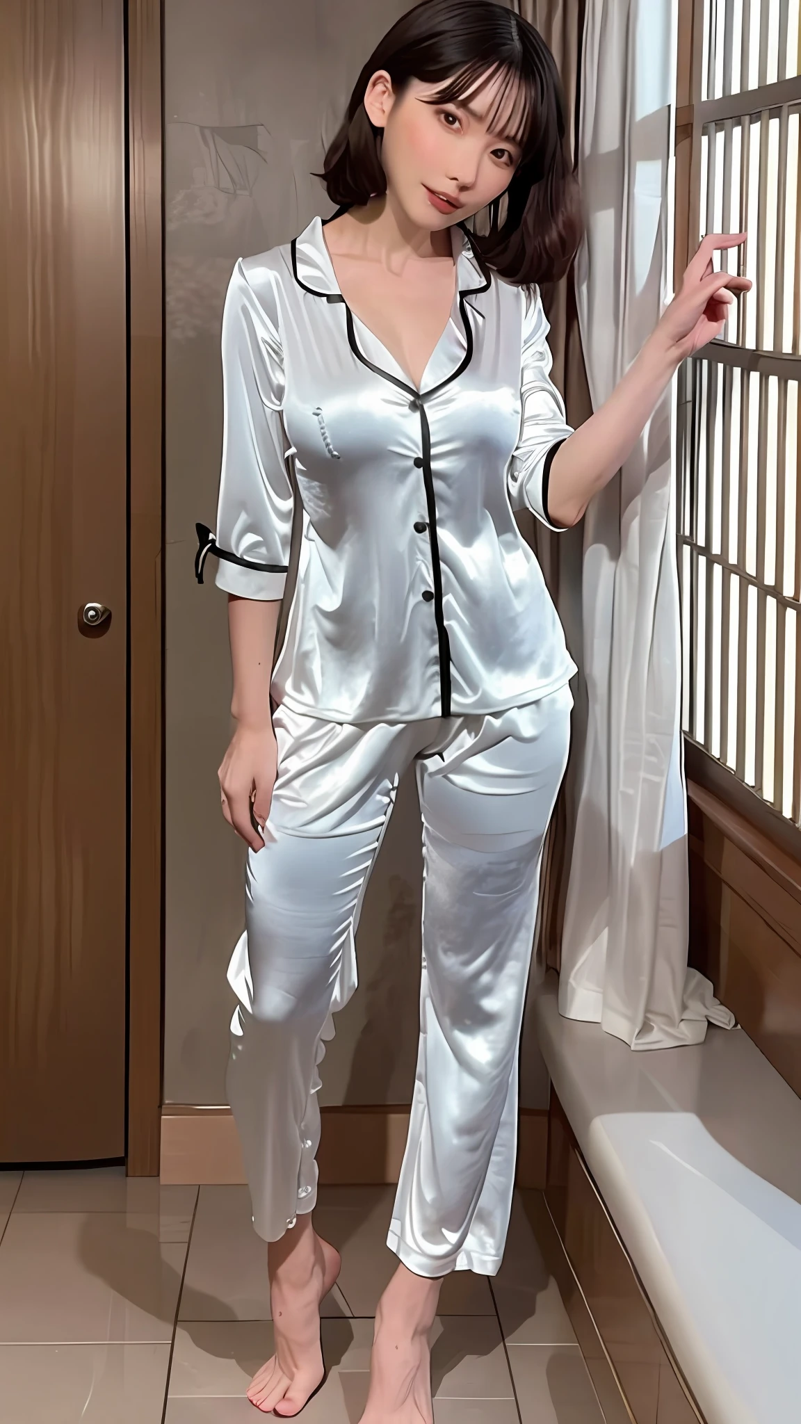Top quality, best image quality, highest resolution, super detailed, wearing satin pajamas, the material of satin pajamas is shiny, soft and smooth to the touch, no underwear is worn, Chest is C cup, Japan fashion model, full body shooting so that the face can also be entered, the subject is one, the place is the hotel bathtub, two arms, two legs,