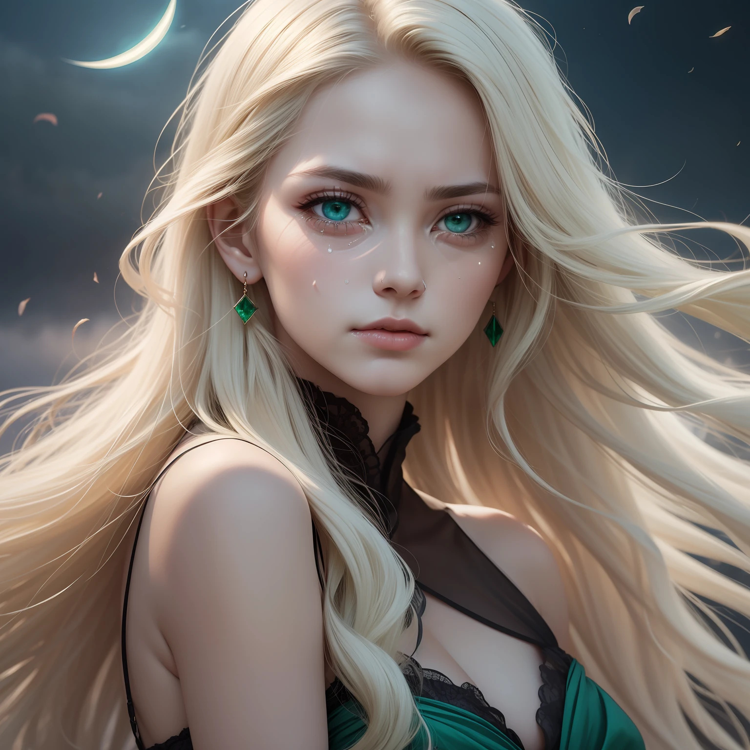 (Masterpiece) 8K resolution, top quality, woman shedding a single tear, beautiful person, thin long eyebrows, platinum blonde long hair, hair fluttering in the wind, emerald eyes, moon darkness, rose garden, model style,