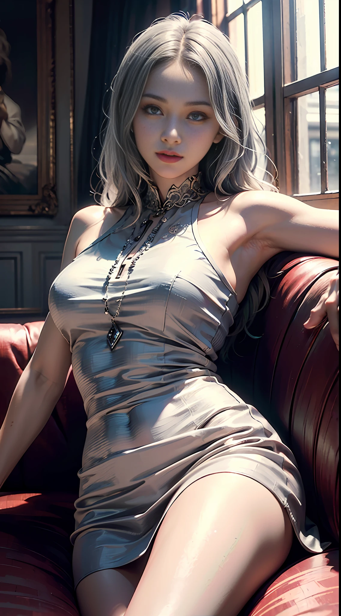 (Extreme Detail CG Unity 8K wallpaper, masterpiece, highest quality), (Exquisite light and shadow, highly dramatic picture, Cinematic lens effect), a girl in white openwork, silver gray hair, sitting on sofa, dynamic pose), (excellent detail, outstanding lighting, wide angle), (excellent rendering, enough to stand out), detailed face, beautiful eye details