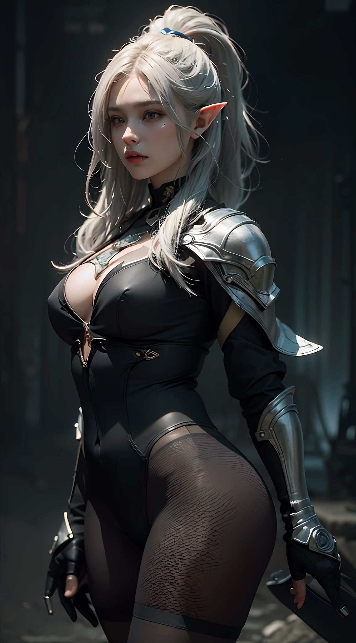 ((Best Quality)), ((Masterpiece)), (Details: 1.4), 3D, A Beautiful Elven Female Figure, (Tights: 1.4) (Silver Hair, High Ponytail: 1.4) (Western European Fantasy Background: 1.4) (Fantasy Wind) HDR (High Dynamic Range), Ray Tracing, NVIDIA RTX, Super-Resolution, Unreal 5, Subsurface Scattering, PBR Texture, Post-processing, Anisotropic Filtering, Depth of Field, Maximum Clarity and Clarity, Multi-layer Textures, Albedo and Specular Mapping, Surface Coloring, Accurate Simulation of Light-Material Interactions, Perfect Proportions, Octane Render, Bicolor Light, Large Aperture, Low ISO, White Balance, Rule of Thirds, 8K RAW,