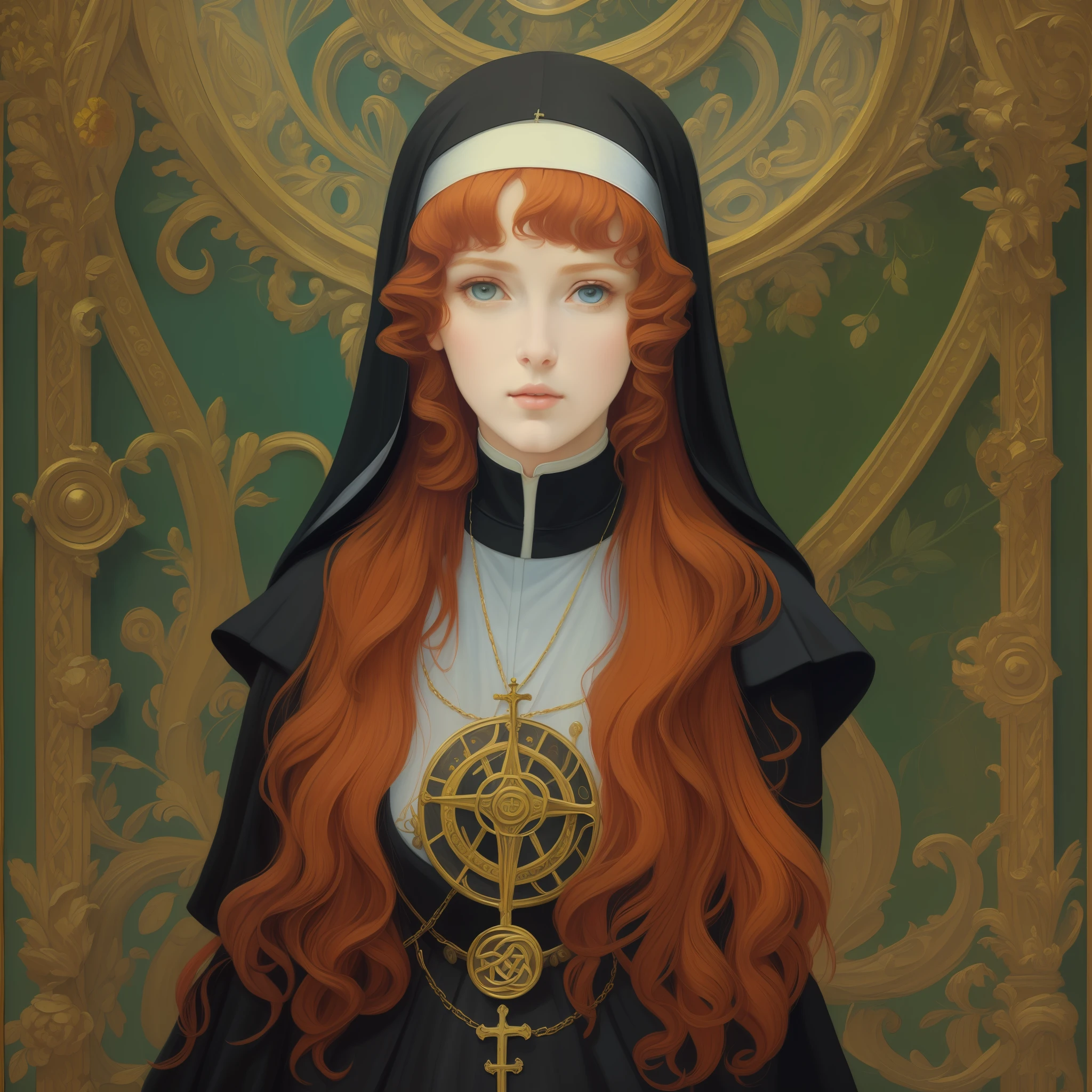 ((((pre-Raphaelite painting))) Award-winning photo, masterpiece, Young woman, Catholic nun, black hood, black clothing, steampunk, (redhead, curly hair), catholic church, light eyes, realistic art,(saint), prayer position, praying, (Celtic)