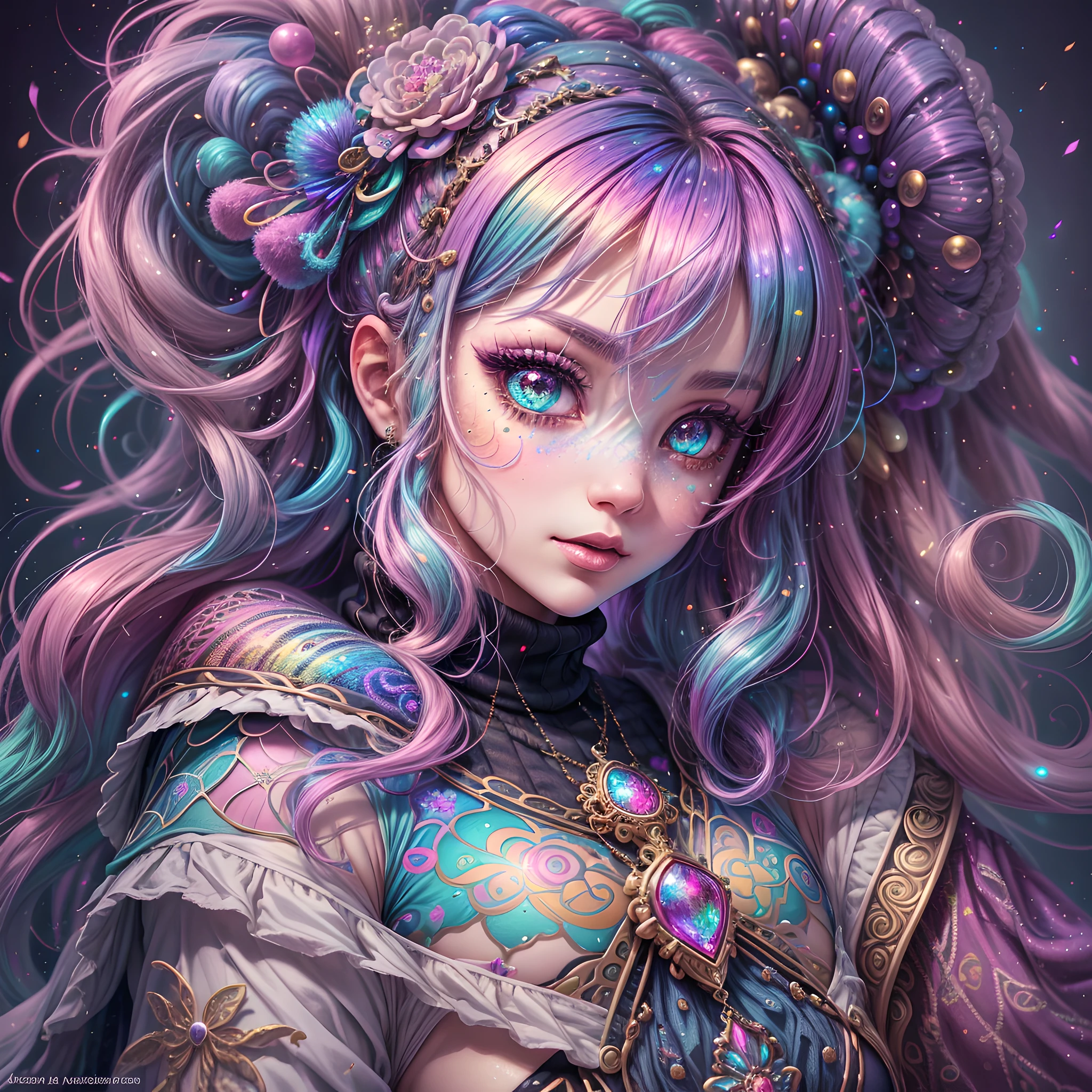 This image should be colorful and euphoric with extreme fantasy elements and very bold colors. Use (((lora:ArcherTurtleneck:1))). Generate a beautiful petite nymph with ornate and highly detailed Decora Harajuku fashion aesthetics on an interesting Harajuku street background. Her head, torso, and hips are in frame. The nymph should have a mature face with a lot of character and visual interest. Include beautiful eyes, highly detailed eyes, extremely detailed eyes, intricate eyes, 8K eyes, macro eyes. Pay close attention to intricate facial details and realistic eye shading. Include bright lisa frank rainbow colors. ((Include many realistic fantasy and rainbow Harajuku and decora details)). Clothing should be very detailed and intricate in the style of extravagant Harajuku decora street fashion with a heavy emphasis on rainbow colors. Her shirt should (((cover her stomach and breasts))) and contain contrasting textures, colors, and patterns (((lora:ArcherTurtleneck:1))). Her pants should be highly detailed and contain contrasting textures, colors, and patterns. The image is the highest quality possible, with rich colors and an extremely high resolution. Consider influences like the artwork and colors of Lisa Frank. Utilize bright ambient lighting and dynamic composition to enhance a feeling of happiness and ((euphoria)). The image should contain shimmer, phantasmal iridescence, crystals, and bumps. (((lora:ArcherTurtleneck:1))). Include many decora fashion accents.