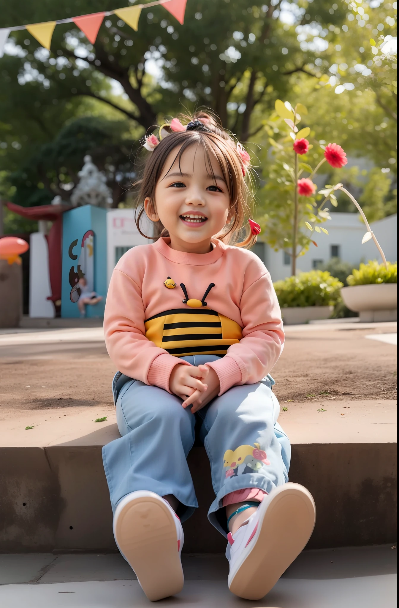 Alafeld girl sitting on steps with a bee on her chest, child,y child, younan girl, happy girl, playful smile, smile, happy look, chinese girl, medium portrait, smiling girl, playful smile, 2 years old, cute l, cover photo portrait of Du Juan, sigma 85/1.2 caricature portrait, ultra hd, perfect face detail