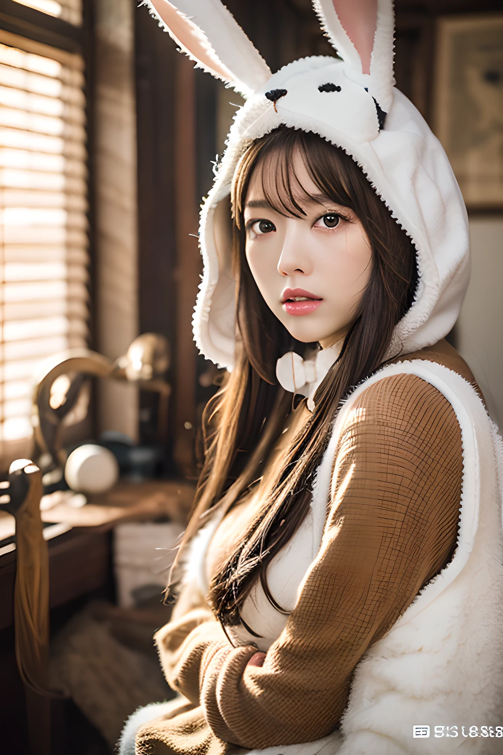 Masterpiece, top quality, realistic, cinematic lighting, beautiful expression, beautiful face modeling, woman in rabbit costume, room with cute miscellaneous goods