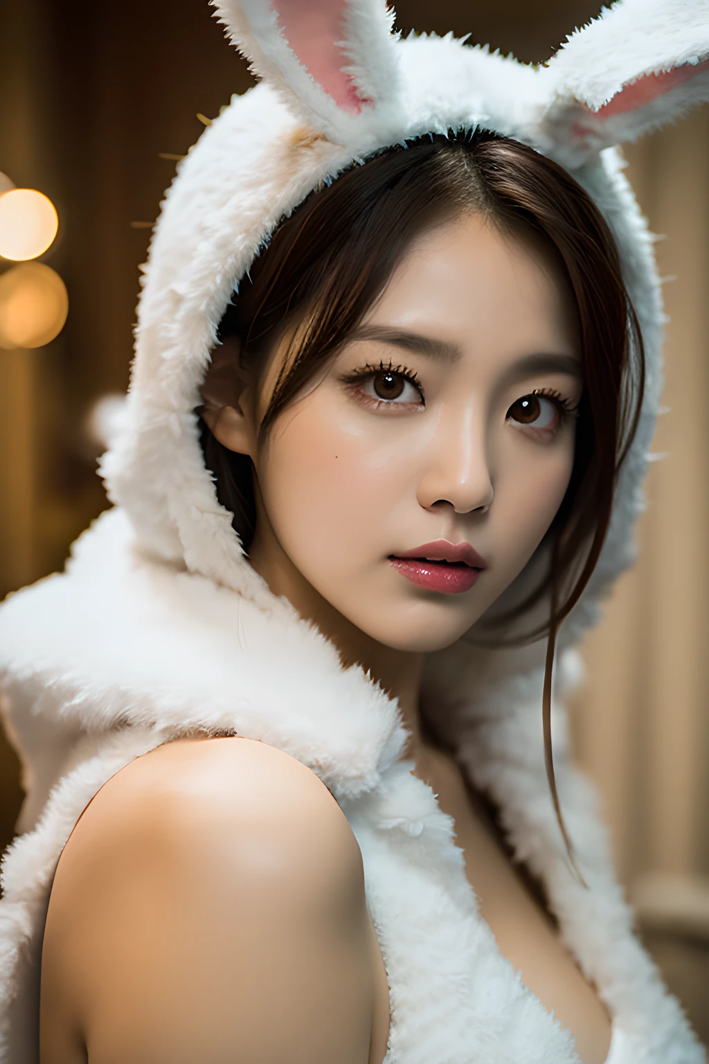 Masterpiece, top quality, realistic, cinematic lighting, beautiful expression, beautiful face modeling, woman in rabbit costume, room with cute miscellaneous goods