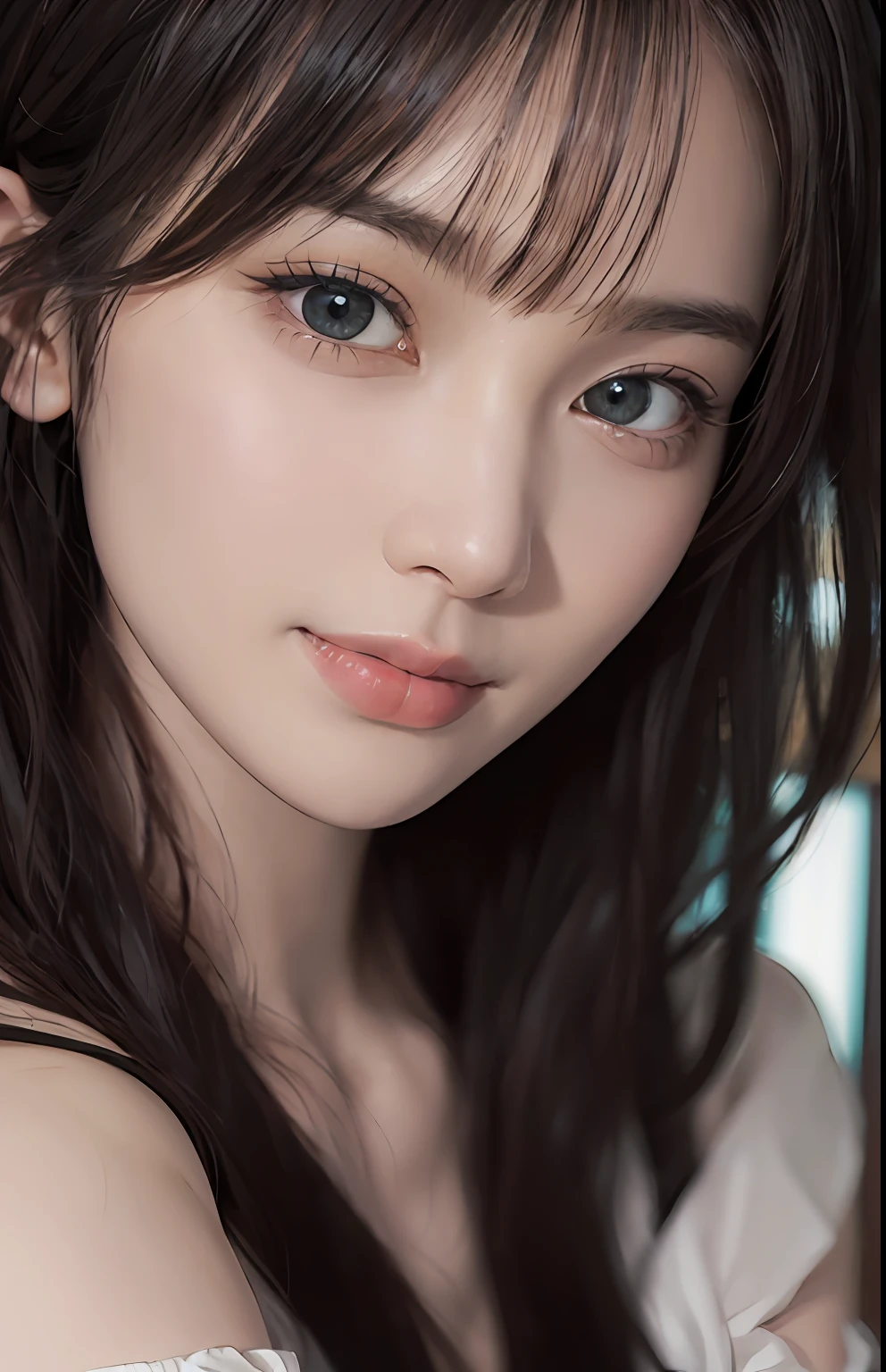 (Ultra Realistic), (Illustration), (High Resolution), (8K), (Very Detailed), (Best Illustration), (Beautiful and Detailed Eyes), (Best Quality), (Ultra Detailed), (Masterpiece), (Wallpaper), (Detailed Face), Solo, One Girl, Viewer, Fine Detail, Detailed Face, In the Dark, Deep Shadows, Low Key, pureerosfaceace_v1, Smile, Long Hair, Black shawl straight hair, 46-point diagonal bangs, full body, legs open