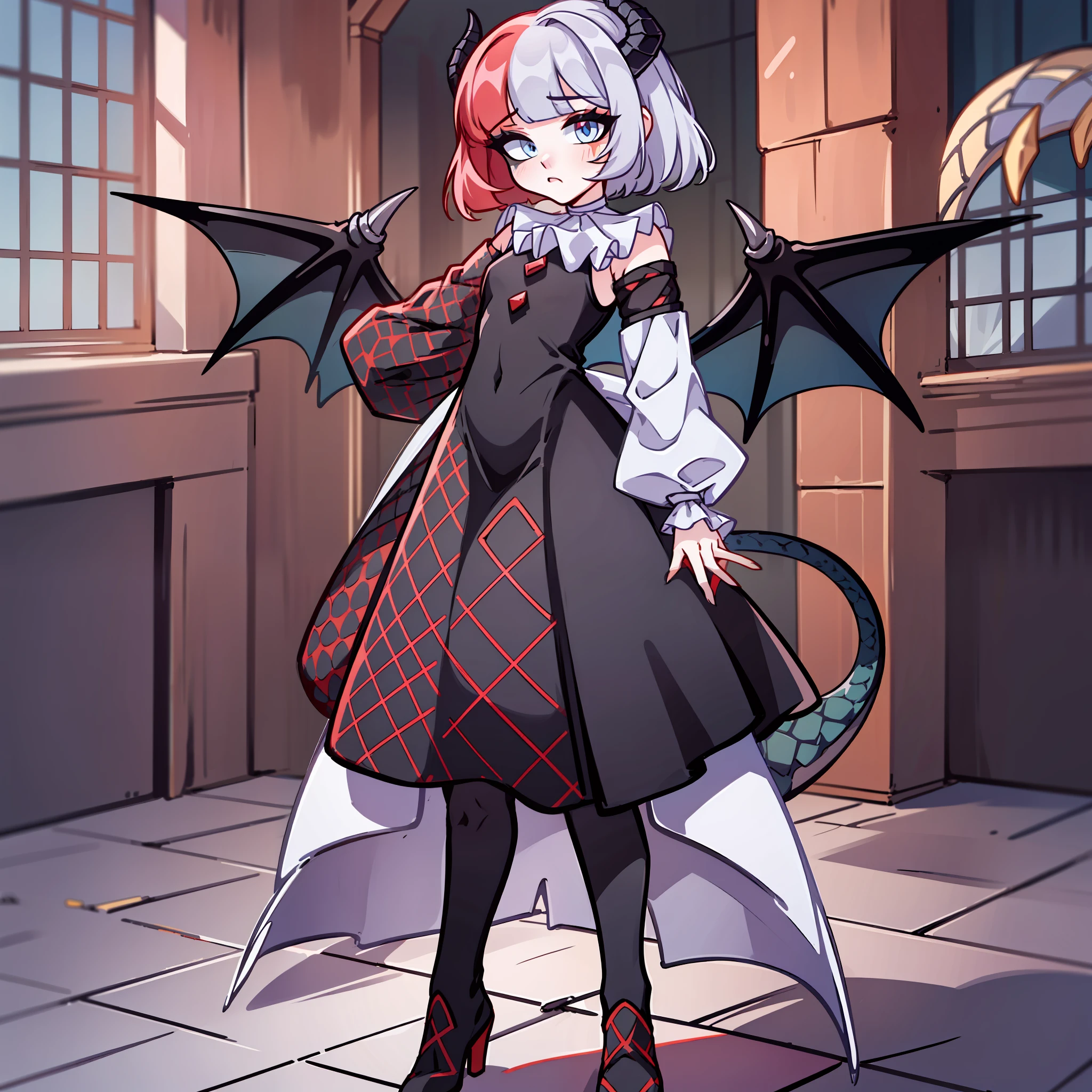 (Best quality: 1.0), (super high res: 1.0), extremely detailed character, detailed Hands, half-dragon girl, horns, scales on the neck, scales on the shoulders, scales on the forearm, scales on the cheek, girl with dragon tail, dragon tail, extremely detailed hair, short hair, ((white hair)), ((black locks)), extremely detailed eyes, eye with different colors, heterochromia, white right eye and black left eye,  dragon eyes, 2d, anime art, ((child)), ((full body)), standing, medieval, rpg, small, cute, flushed, dragon wings