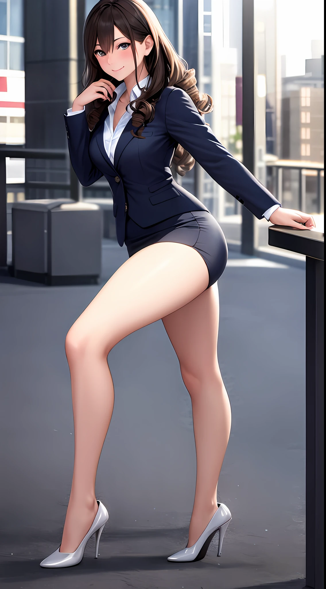 masterpiece, (best quality), 1woman, 1girl, brown hair, long hair, curly hair, hazel eyes, office attire, blazer, pencil skirt, medium breasts, sexy woman, smile, hair between eyes, long sleeves,closed clothes, embarrassed,blush, skirt, vibrant colors ,natural lighting ,RTX, , beautiful, (detailed face:1.2), showcase, (perfect eyes:1.1) ,(photorealistic:1.1), 8k uhd, looking at viewer, outdoors, simple backround, fully body, bare legs, high heels, pose