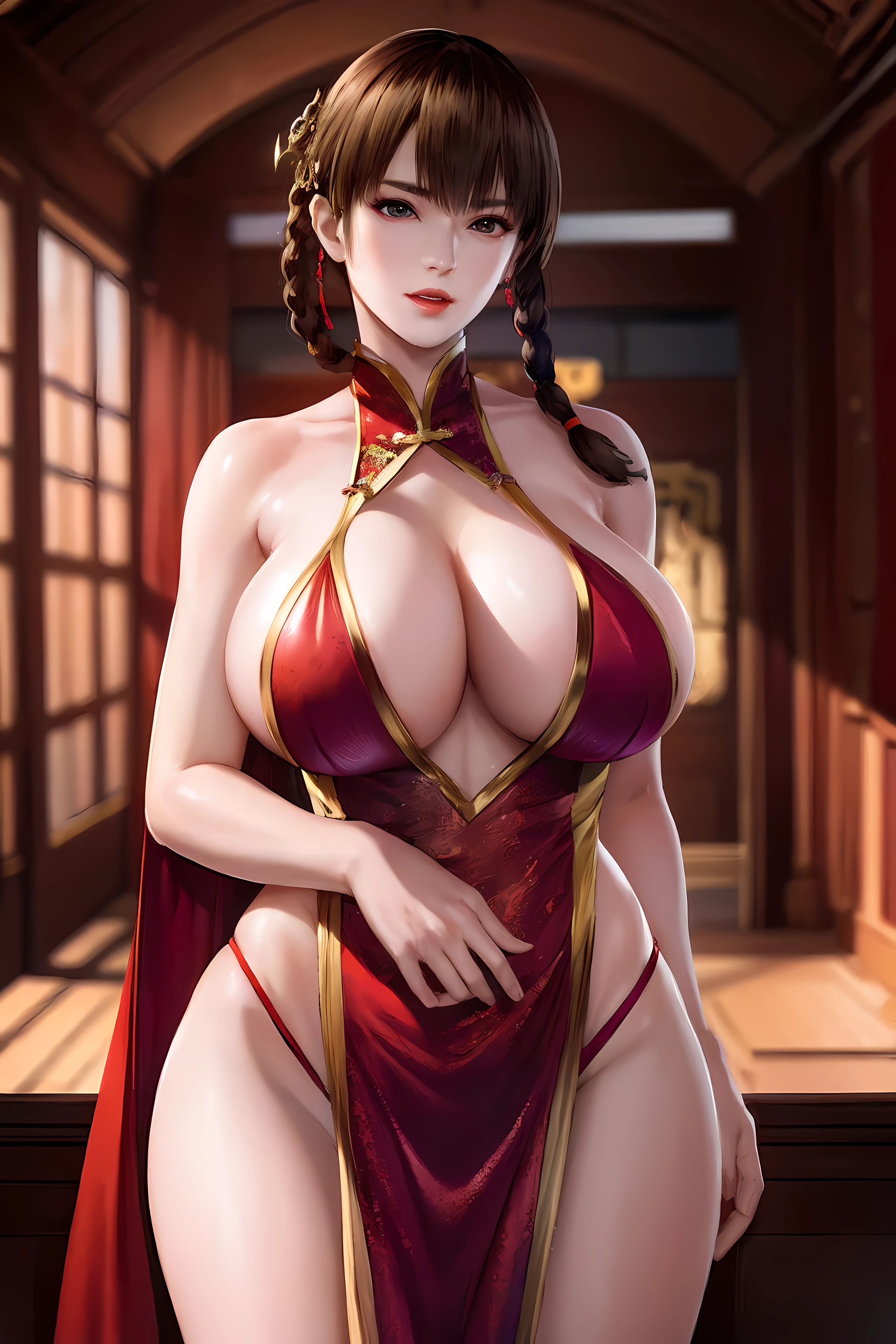 ultra realistic 8k cg, picture-perfect face, flawless, clean, masterpiece, professional artwork, famous artwork, perfect face, beautiful face, beautiful eyes, ((perfect female body)),huge breasts, solo,
,(blush:0.5),seductive expression,extremely detailed_eyes,thick thighs,room,
beautifully detailed background,depth of field,realistic:1.3,
(ambient light:1.3),(cinematic composition:1.3),(neon lights:0.1),(HDR:0.1),Accent Lighting, narrow waist,long shot,
1girl, leifang,china dress,bangs,twin braids,