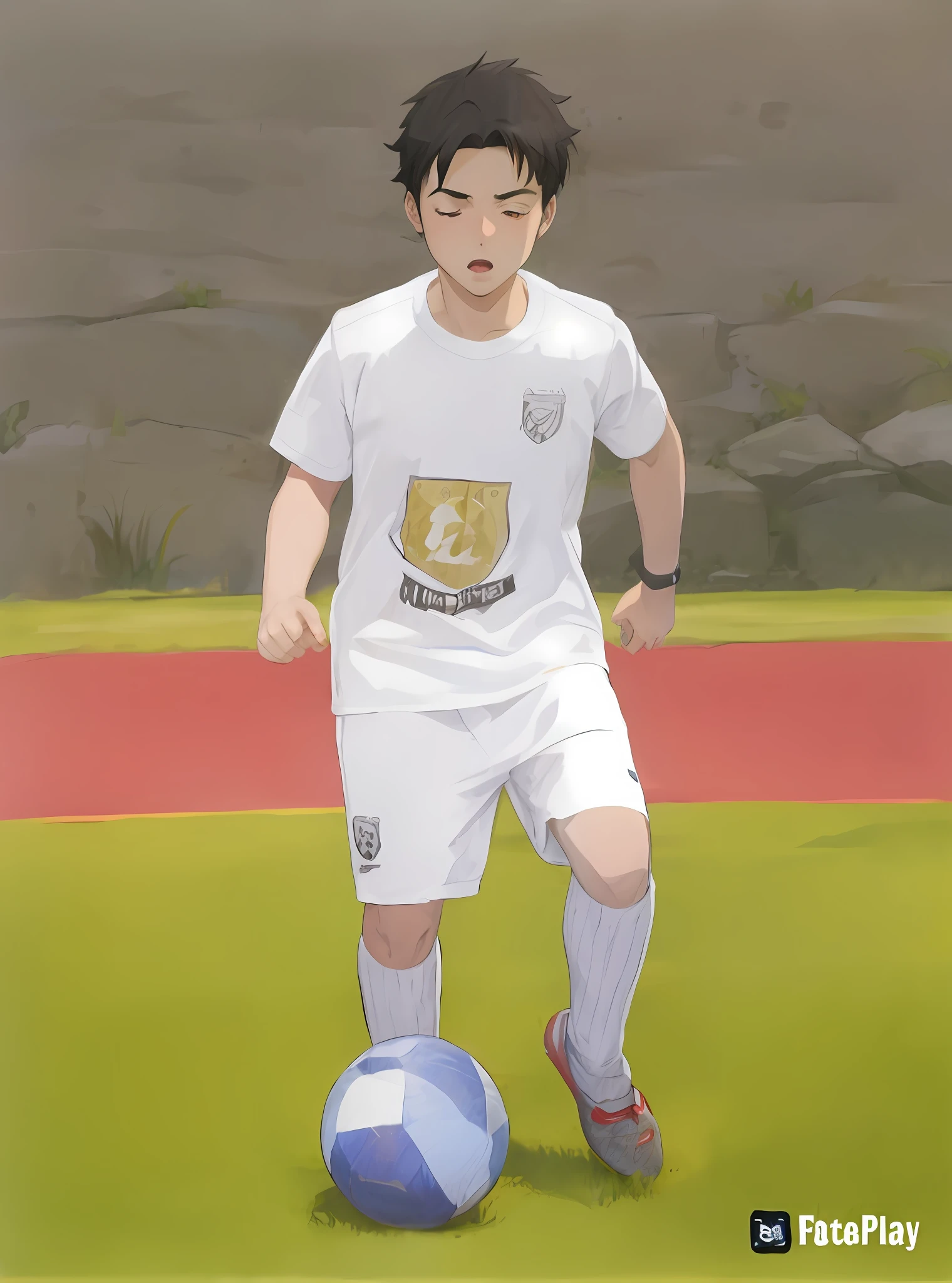 There is a young man playing football on a field, Kentaro Miura art style, official anime still, Kentaro Miura manga art style, Kentaro Miura style, Kentaro Miura manga style, Makoto Kano, Makoto Shinkai art style, Mamoru Hosoda, Kentaro Miura manga style, Kentaro Miura oliver stubasa style art, messi style, cristiano ronaldo style, anime style, photorealistic face. K8