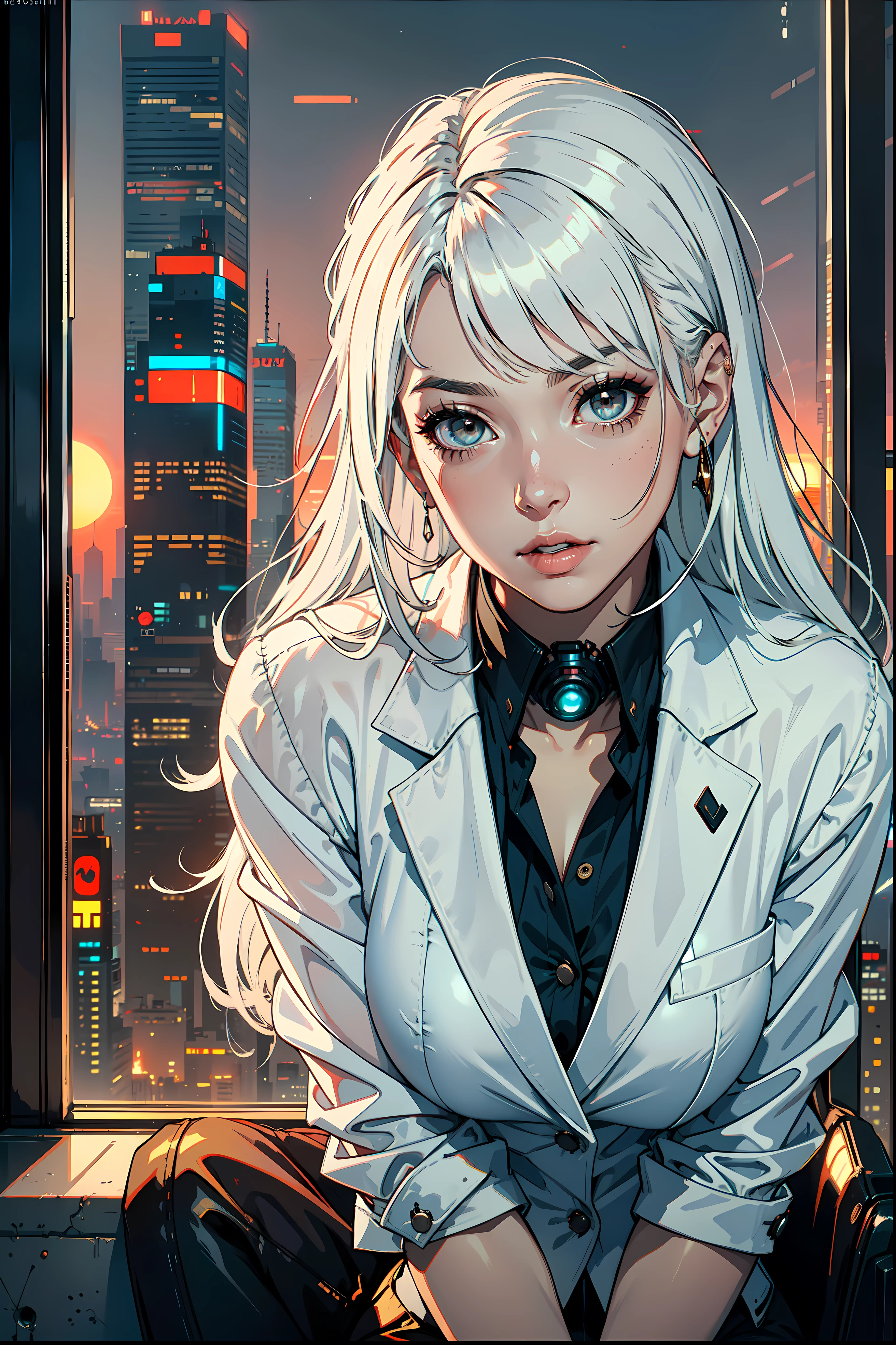 (masterpiece:1.3), (8k, photorealistic, RAW photo, best quality: 1.4), (1girl), beautiful face, (realistic face), Nice hairstyle,Realistic Eyes,Nice detail eyes,(Realistic Skin),Beautiful Skin,Ridiculous,attractive,Ultra high Resolution,an ultra realistic,RAWExtremely detailed,golden proportions, Woman wearing business outfit, formal blazer, white blouse, high waist business skirt, beautiful, masterpiece, best quality, perfect lighting, (white hair:1.4), long hair, (grey eyes:1.2), slender build, thin, medium breasts, business woman, ceo, sitting in luxurious black office chair, giant modern window with view of dusk cyberpunk city skyline in background, close up, dusk, (cyberpunk city background:1.3), (Hazy sky:1.2), (Dim red sun:1.3), eyelashes, dark eyeliner, cyberpunk, older
