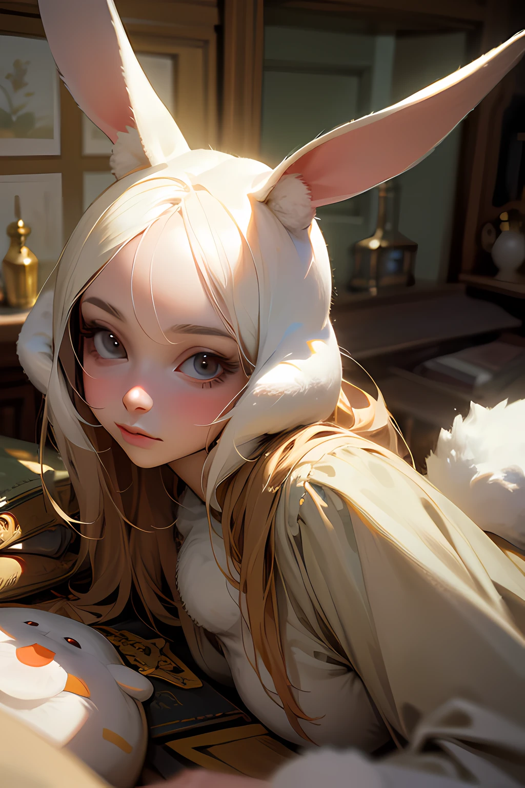 Masterpiece, top quality, realistic, cinematic lighting, beautiful expression, beautiful face modeling, woman in rabbit costume, room with cute miscellaneous goods