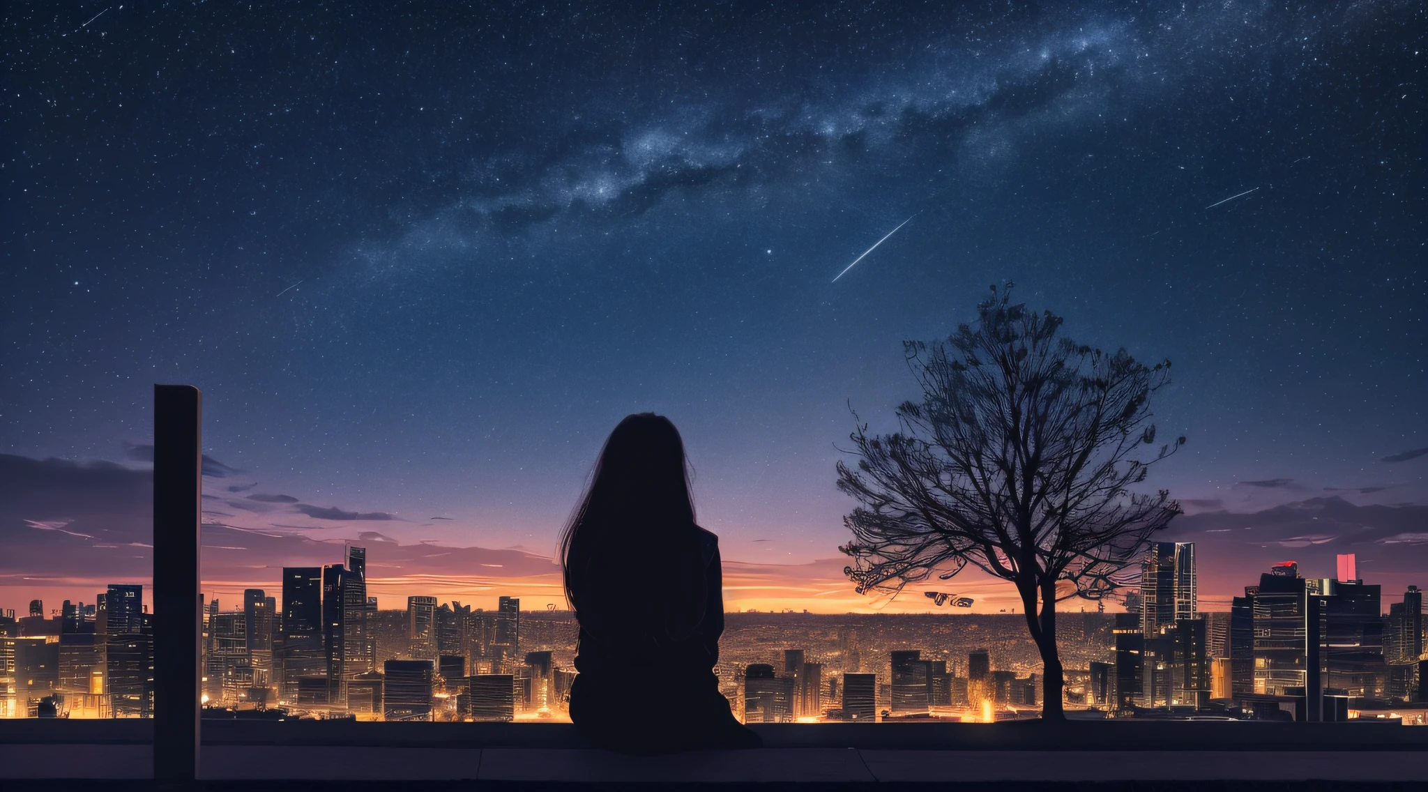 sky, star, landscape, starry sky, night, girl, night sky, solo, outdoor, signature, building, clouds, milky way, sitting, tree, long hair, city, silhouette, cityscape